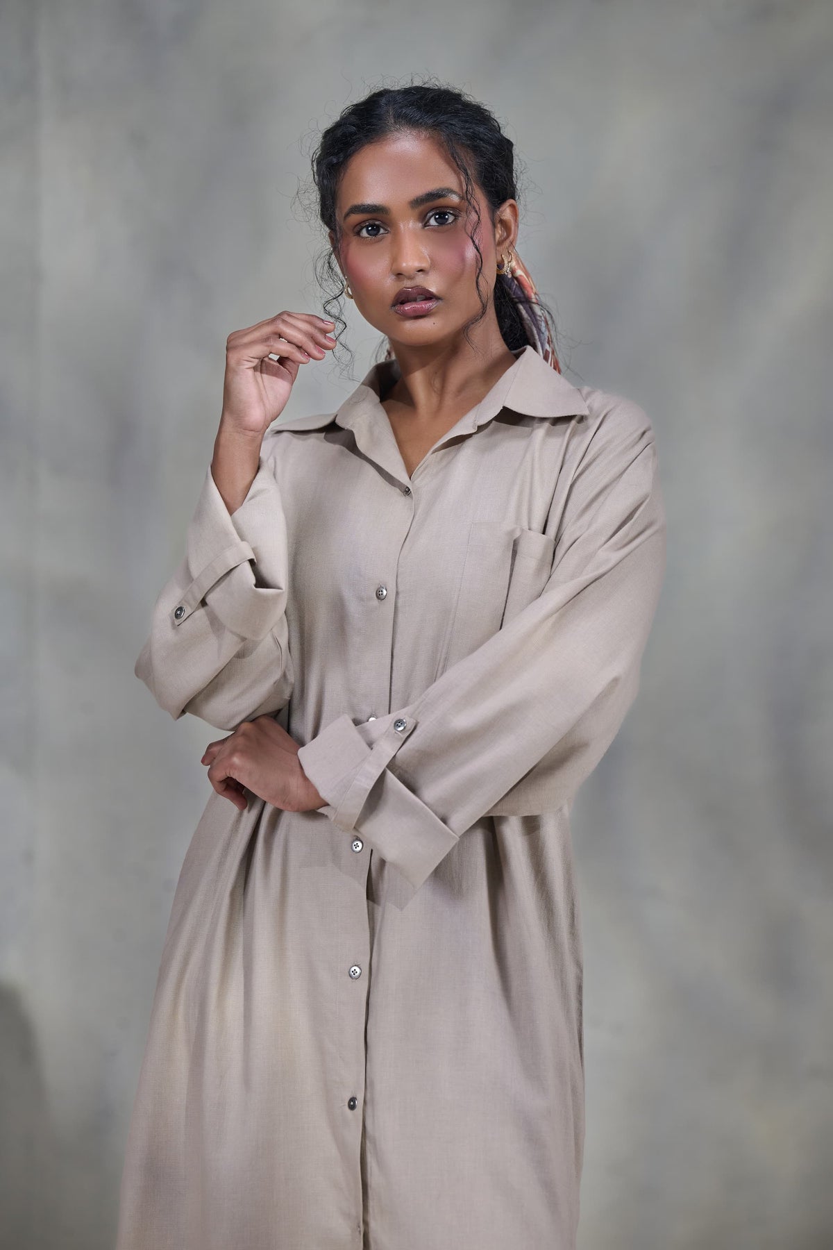 Beige Linen Front Open Dress