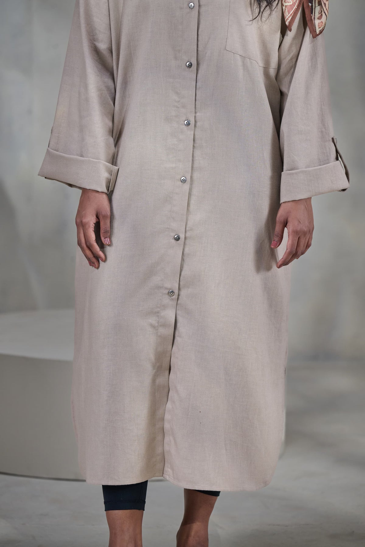 Beige Linen Front Open Dress