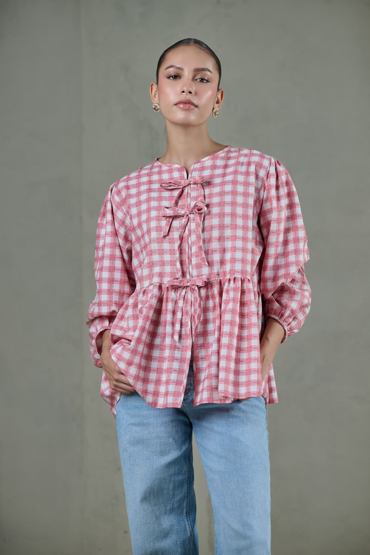 Pink Checked Peplum Top