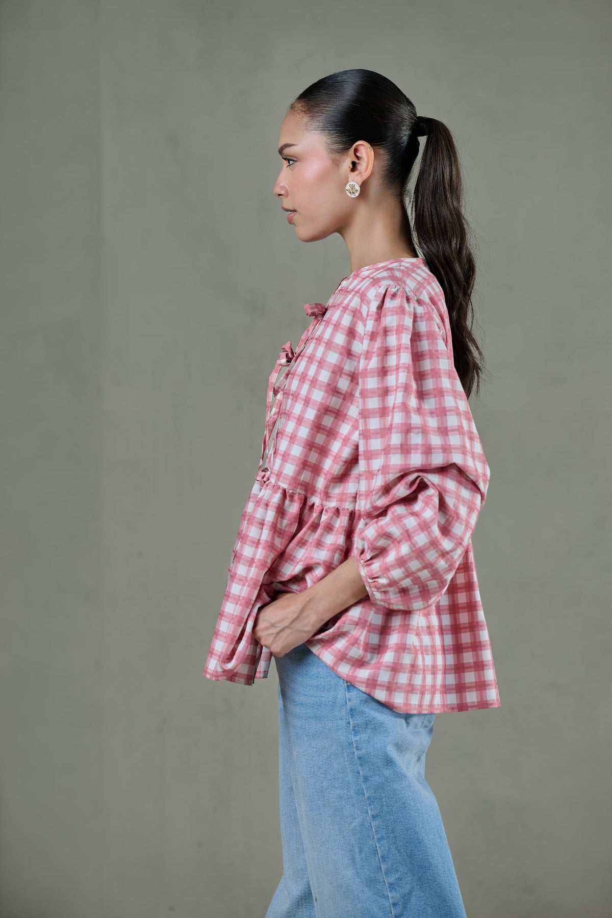 Pink Checked Peplum Top
