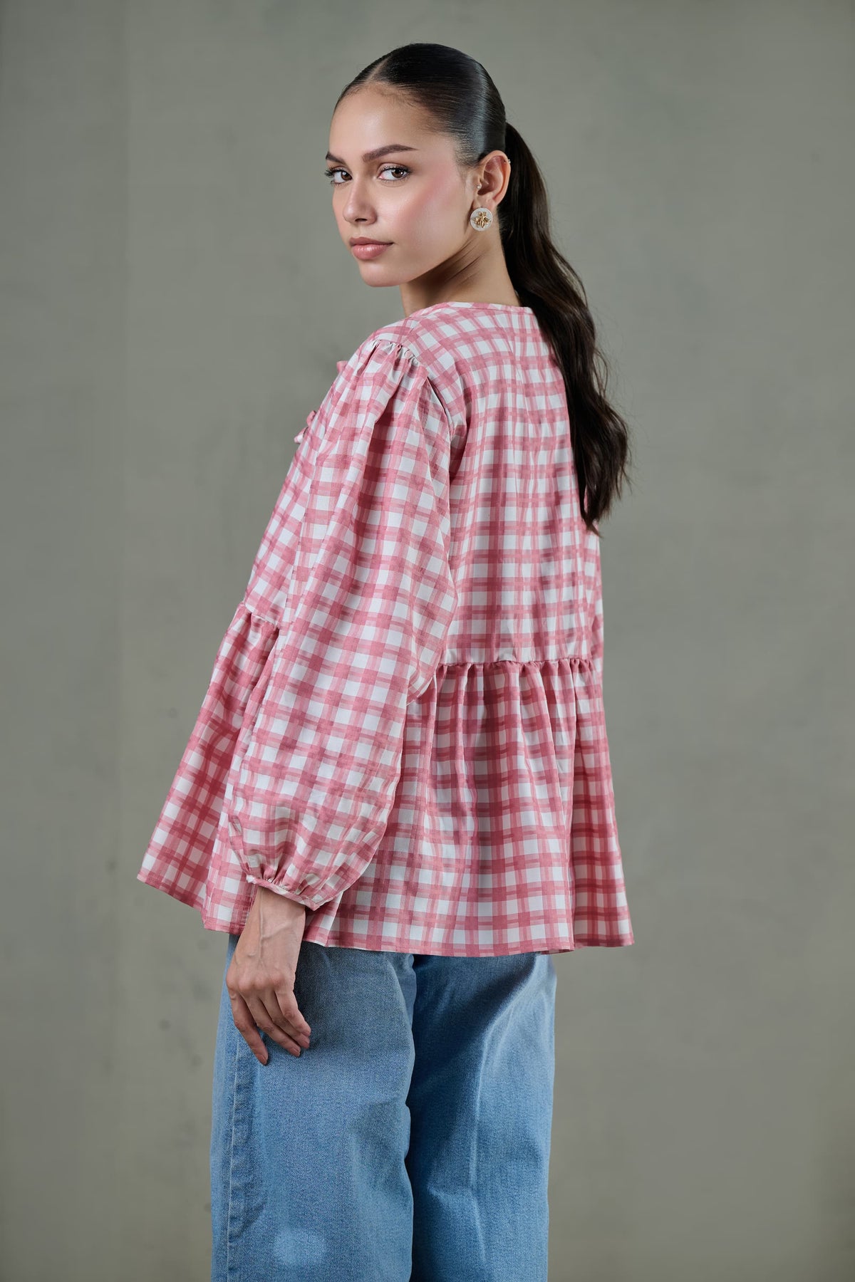 Pink Checked Peplum Top