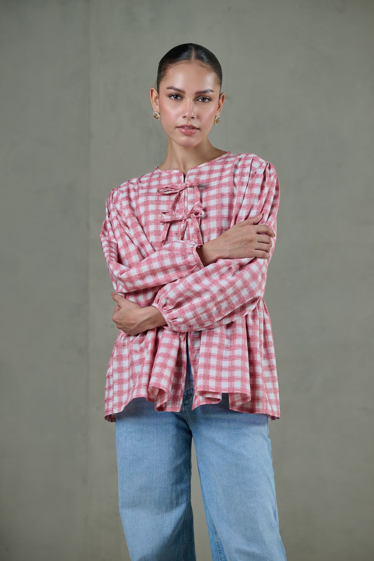 Pink Checked Peplum Top