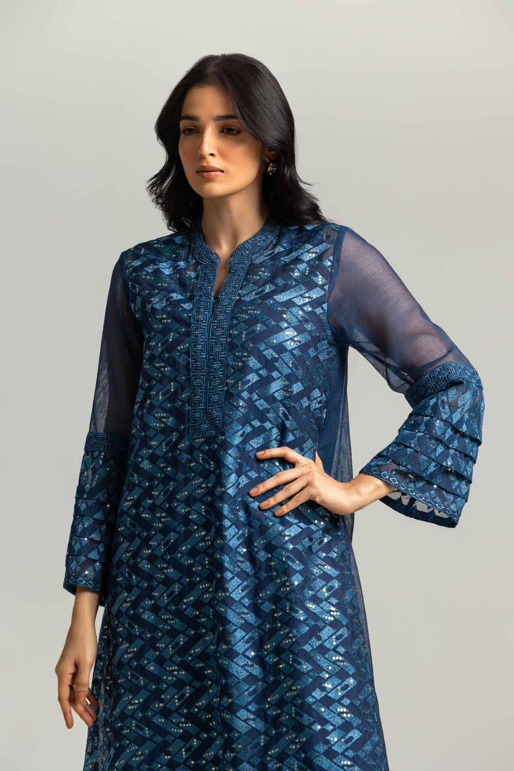 Cotton Net Embroidered Shirt And Dyed Trouser