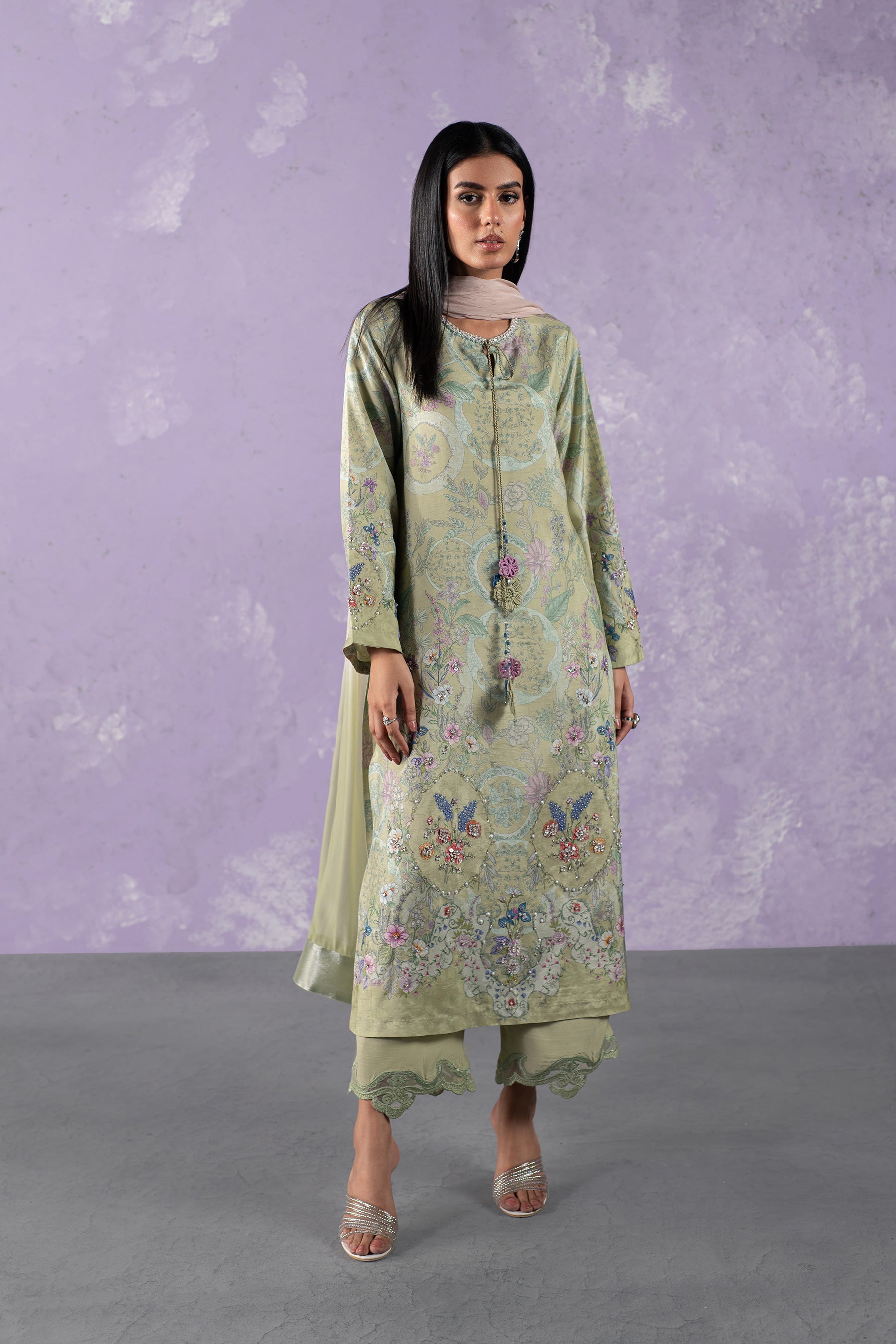 Floral Elegance Long Shirt and Ezaar Set (D-03)