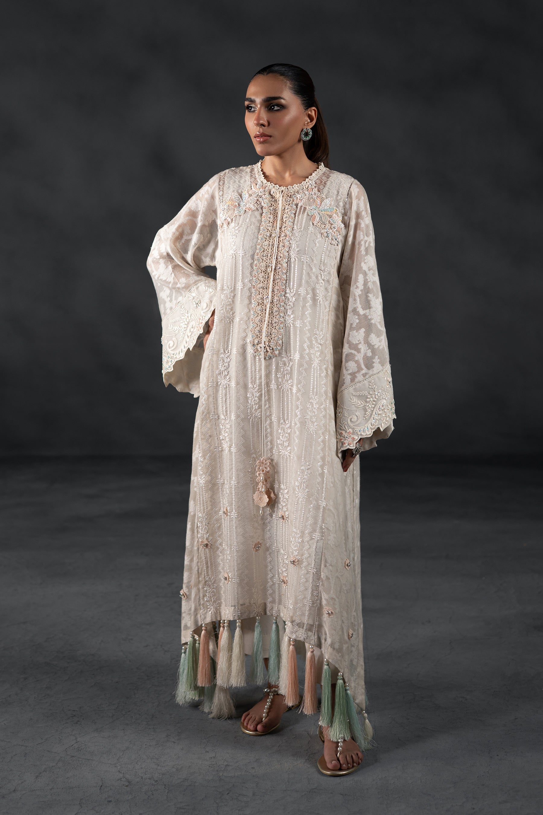 Pastel-Tassels Ivory Kaftan Set (D-10)