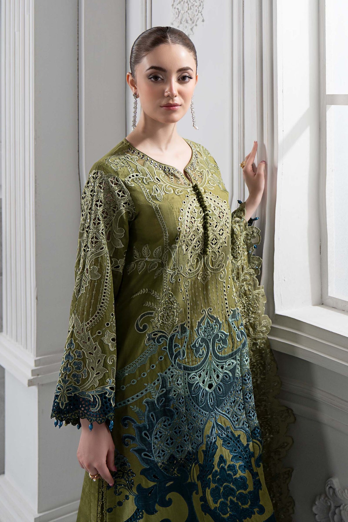 3 Piece Embroidered Paper Cotton Suit | DS-2501-A