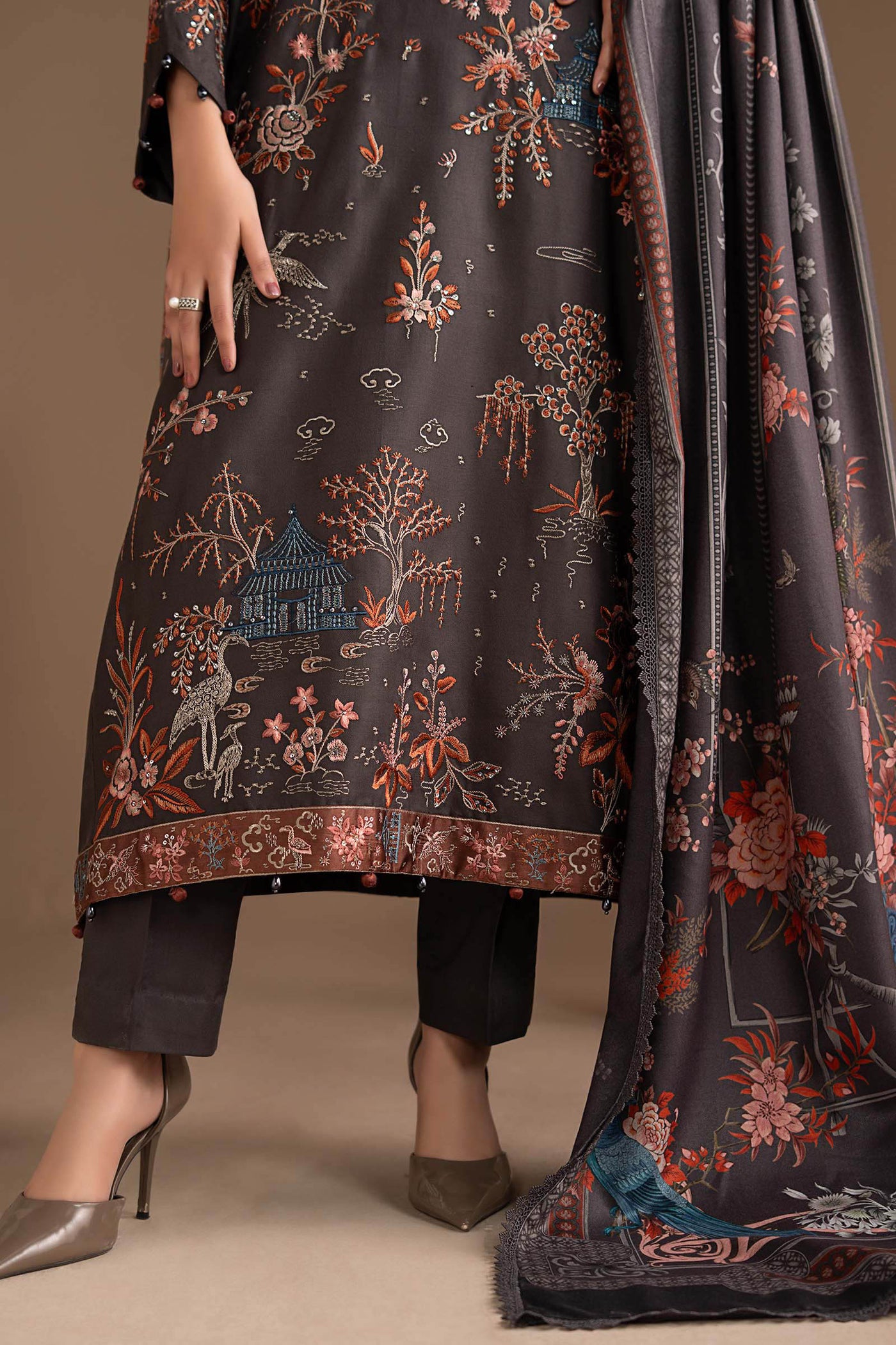 3 Piece Embroidered Twill Linen Suit