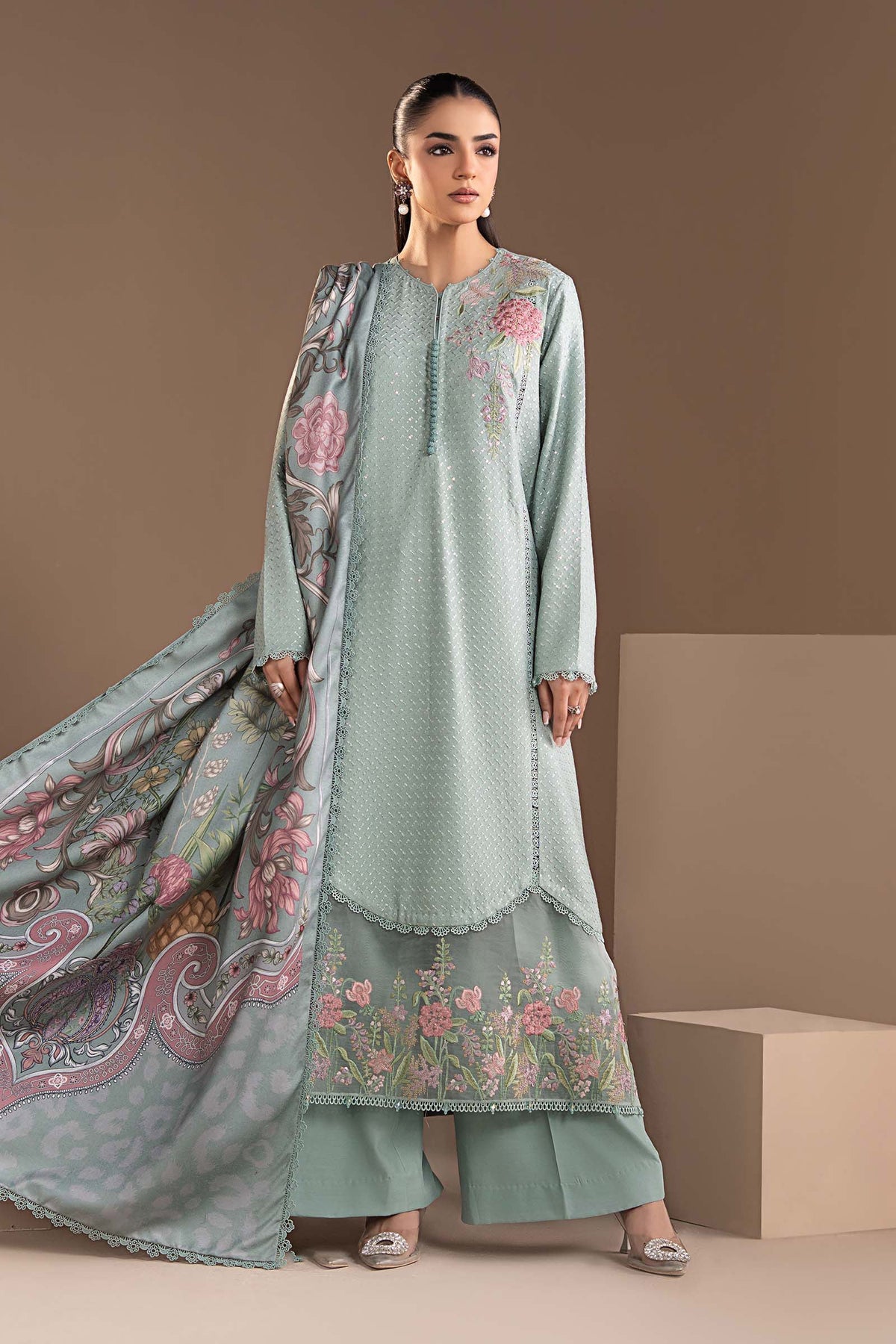 3 Piece Embroidered Twill Linen Suit