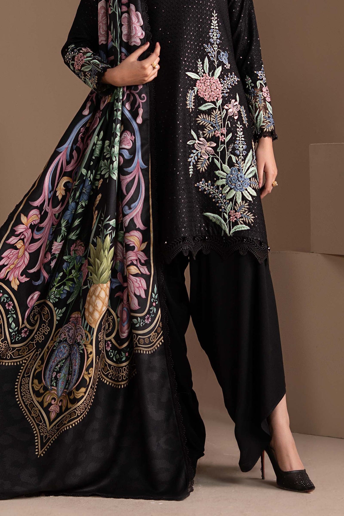 3 Piece Embroidered Twill Linen Suit