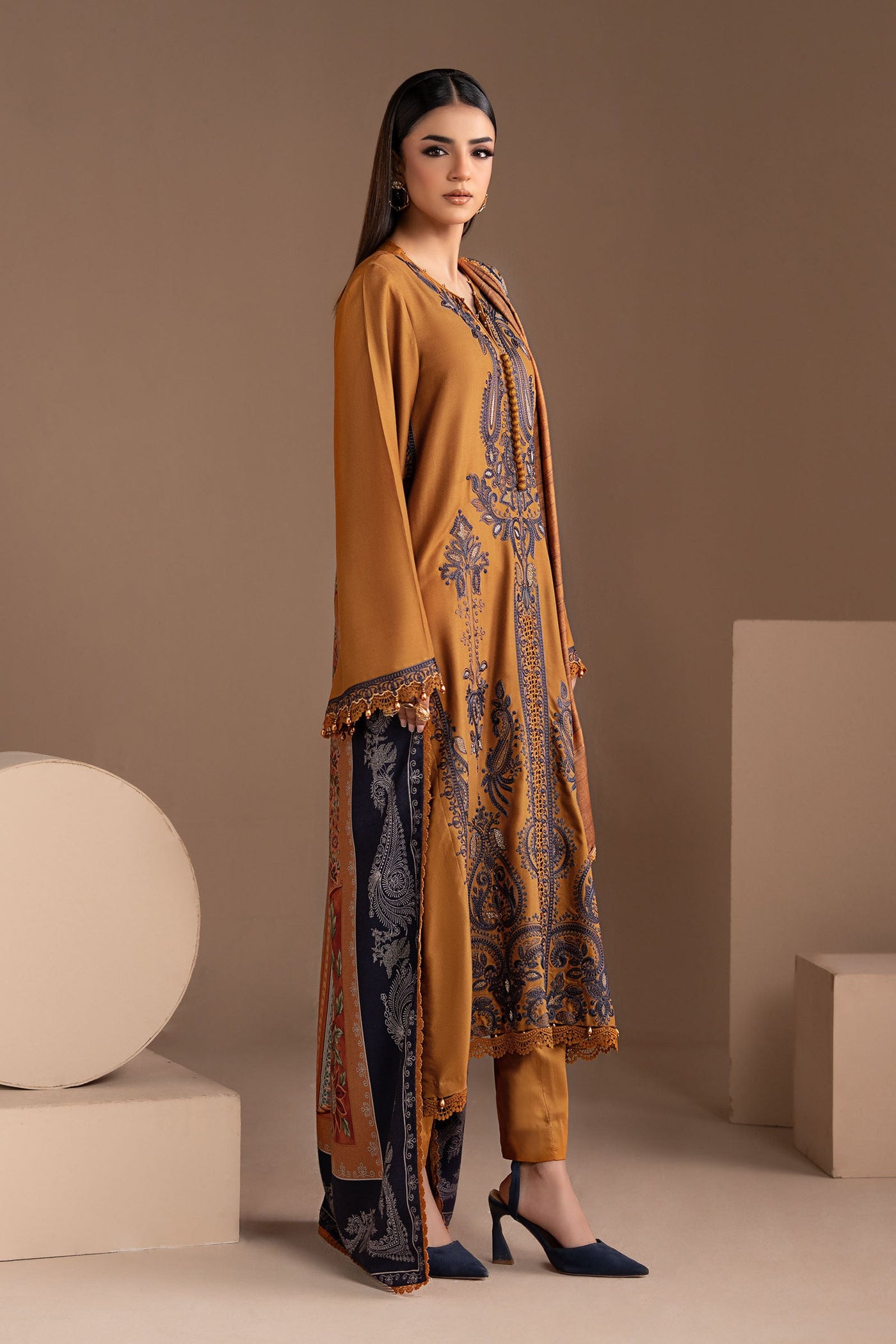 3 Piece Embroidered Twill Linen Suit