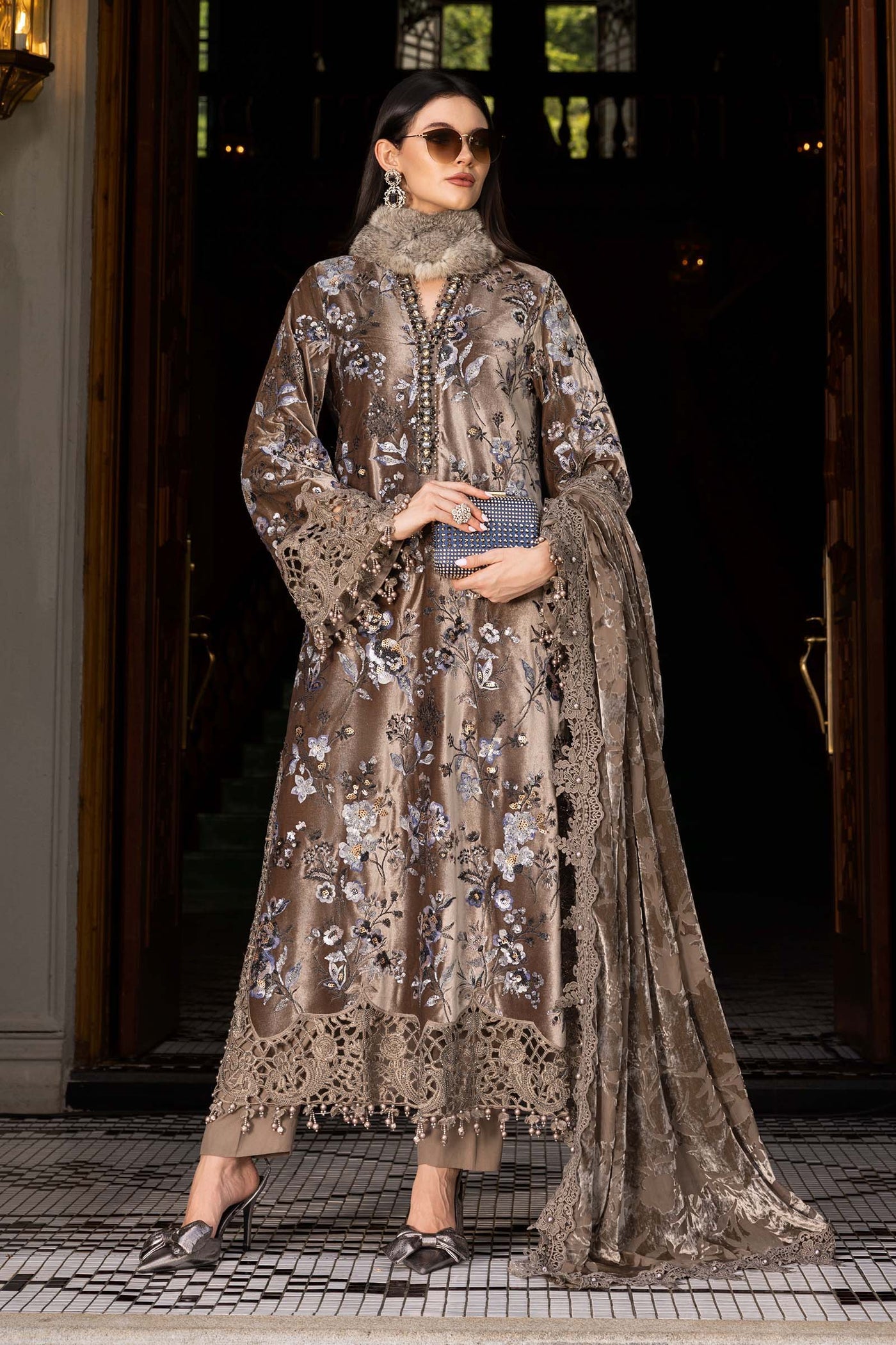 3 Piece Unstitched Embroidered Velvet Suit