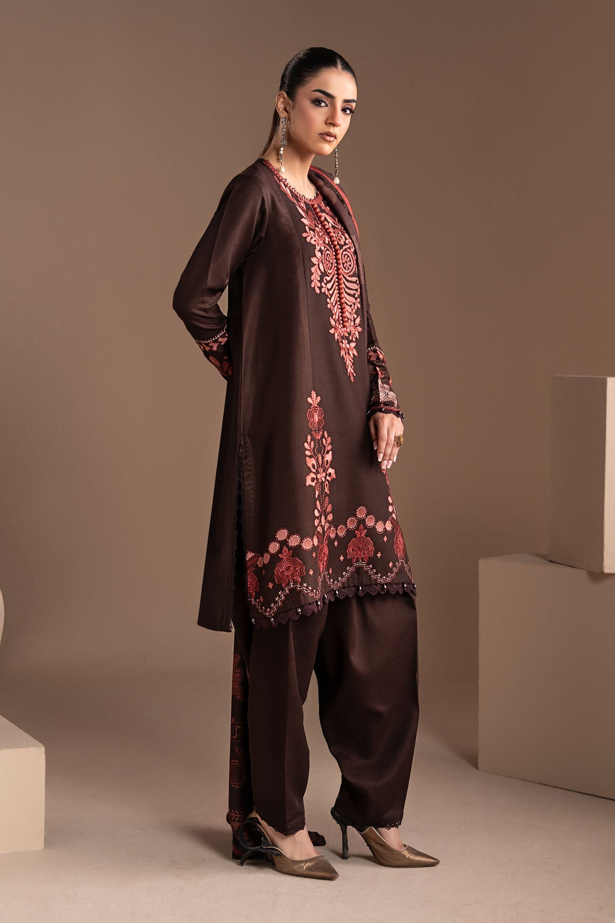 3 Piece Embroidered Twill Linen Suit