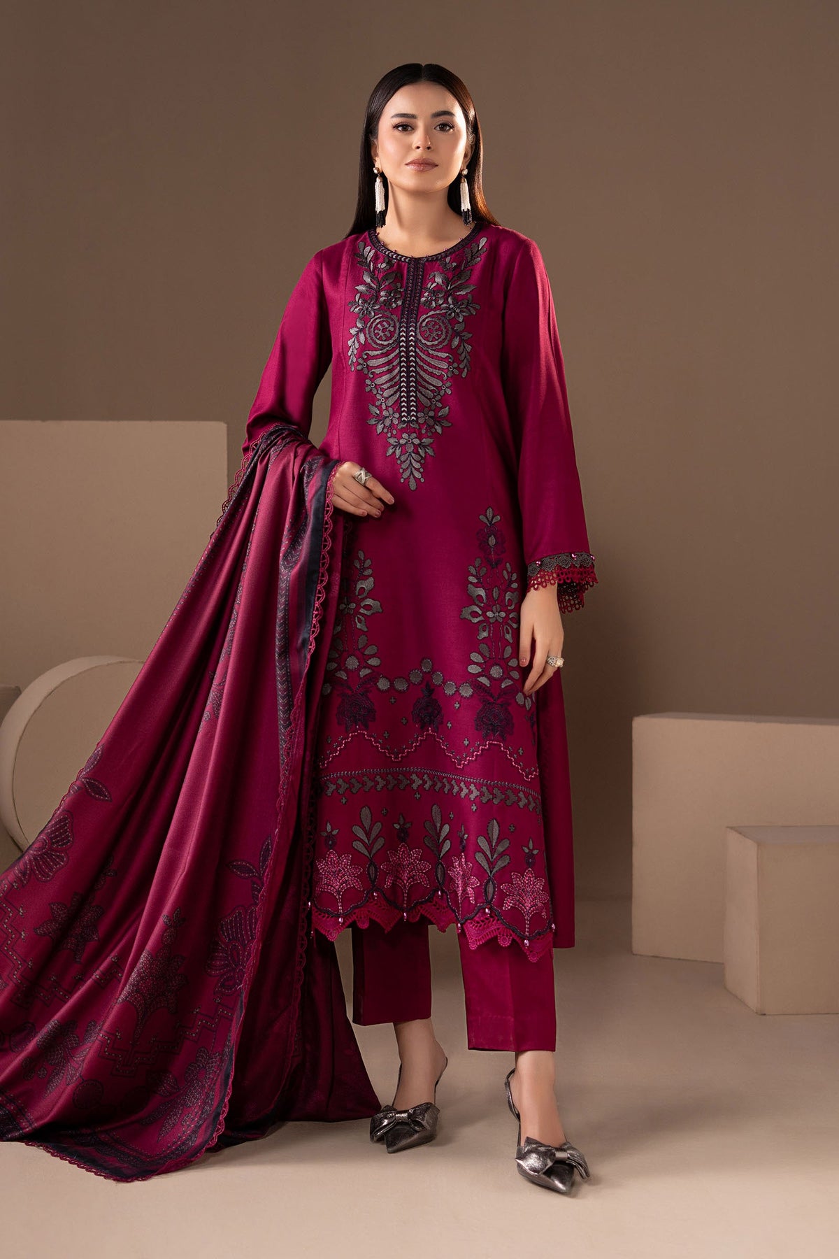 3 Piece Embroidered Twill Linen Suit