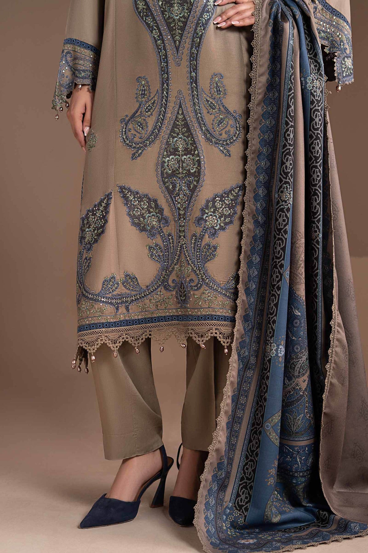 3 Piece Embroidered Twill Linen Suit