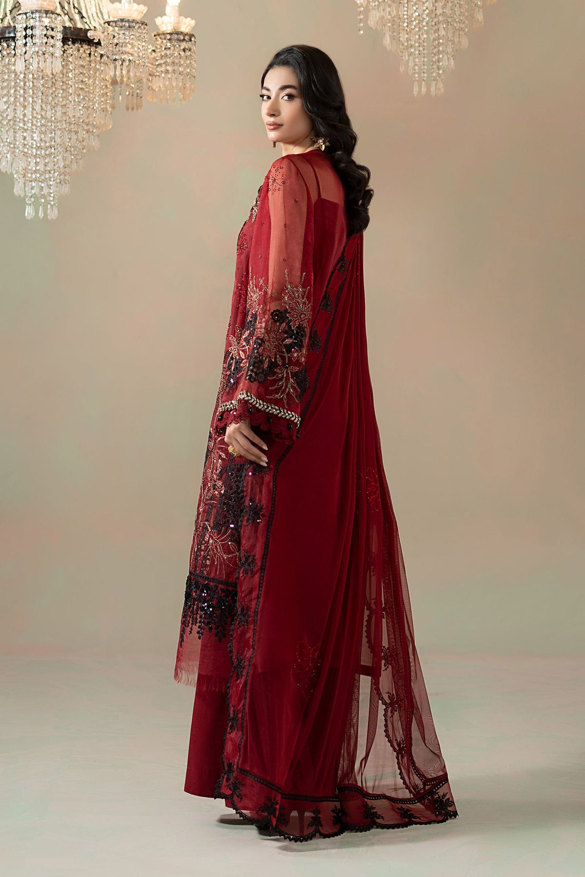 3 Piece Embroidered Organza Suit - WFS0906-SML-RED