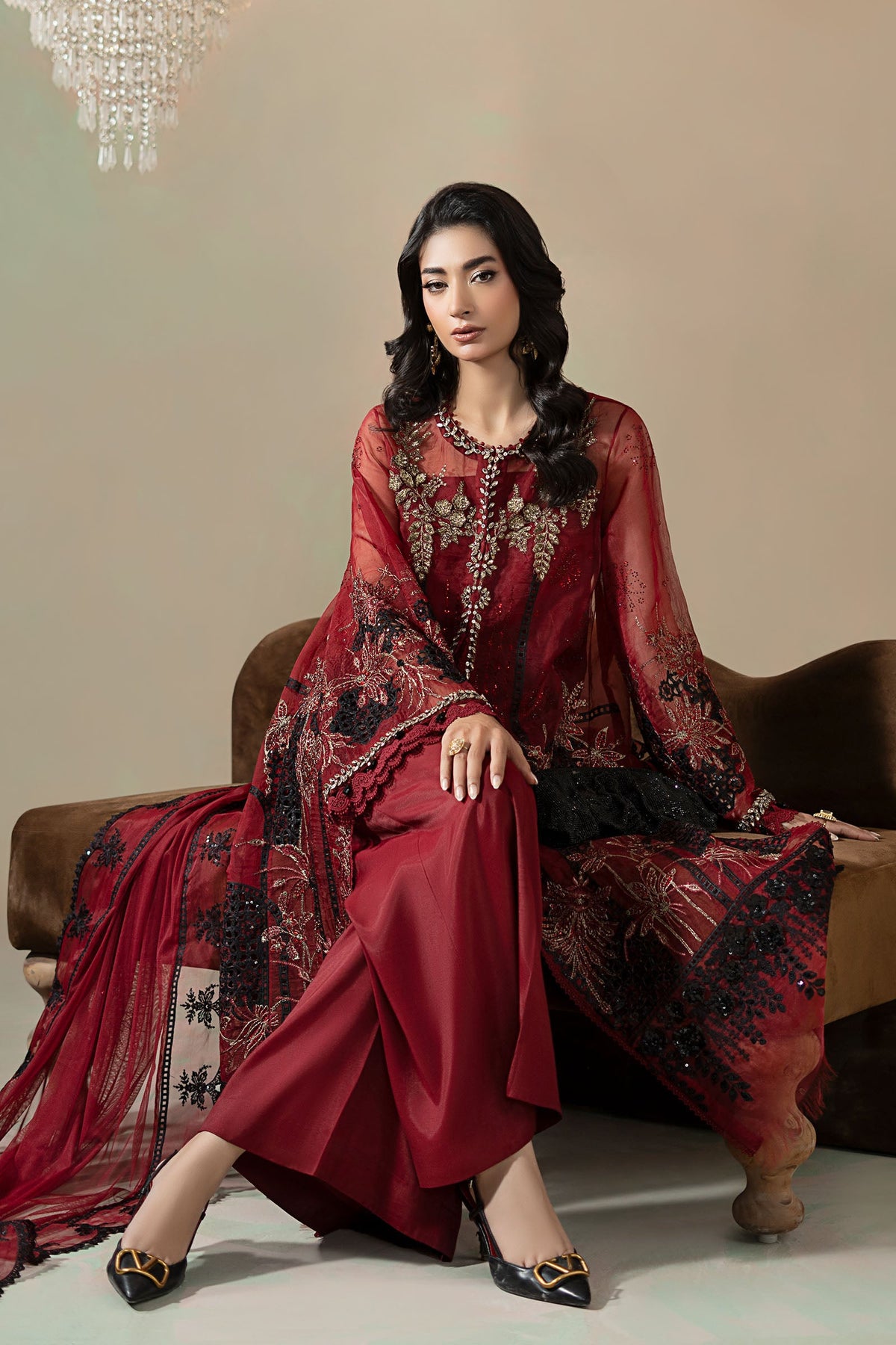 3 Piece Embroidered Organza Suit - WFS0906-SML-RED