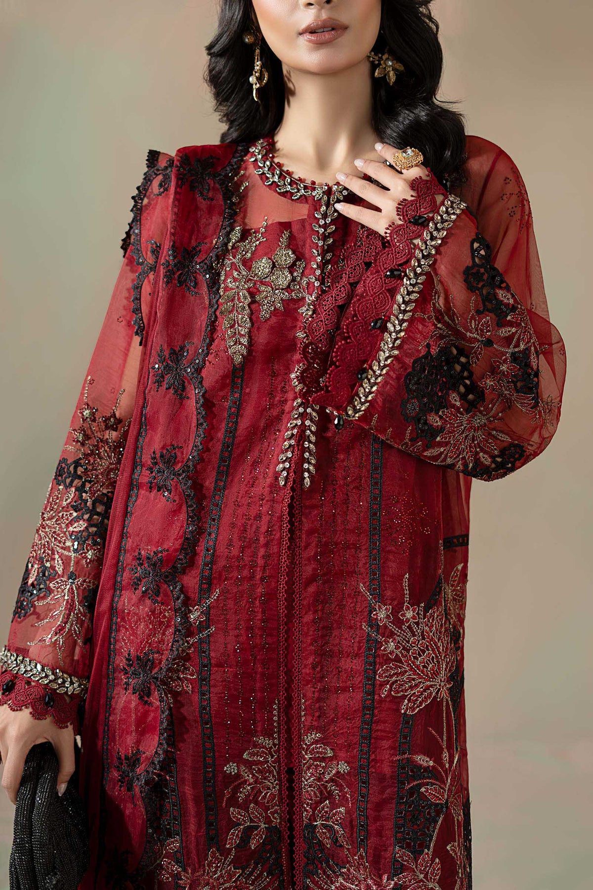 3 Piece Embroidered Organza Suit - WFS0906-SML-RED