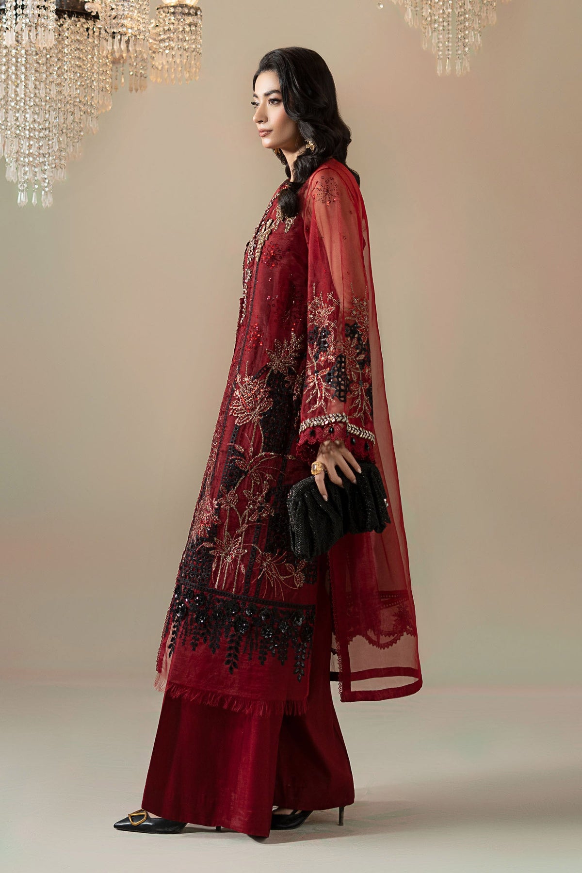 3 Piece Embroidered Organza Suit - WFS0906-SML-RED