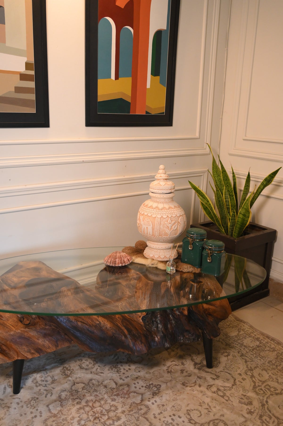 Sheesham centre table with oval glass top