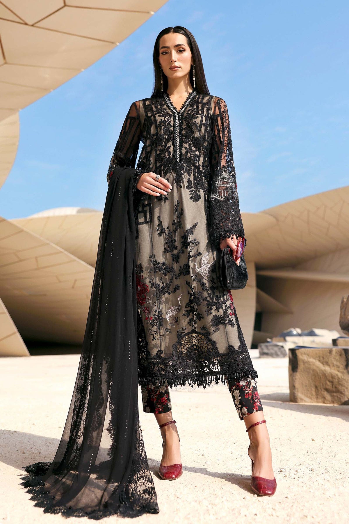 3 Piece Unstitched Embroidered Net Suit