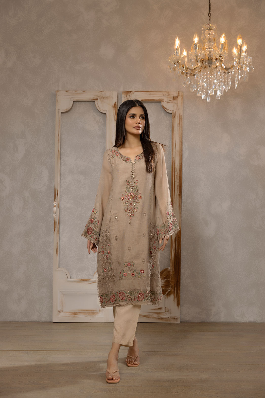 DA-1663 BEIGE EMBROIDERED KURTA