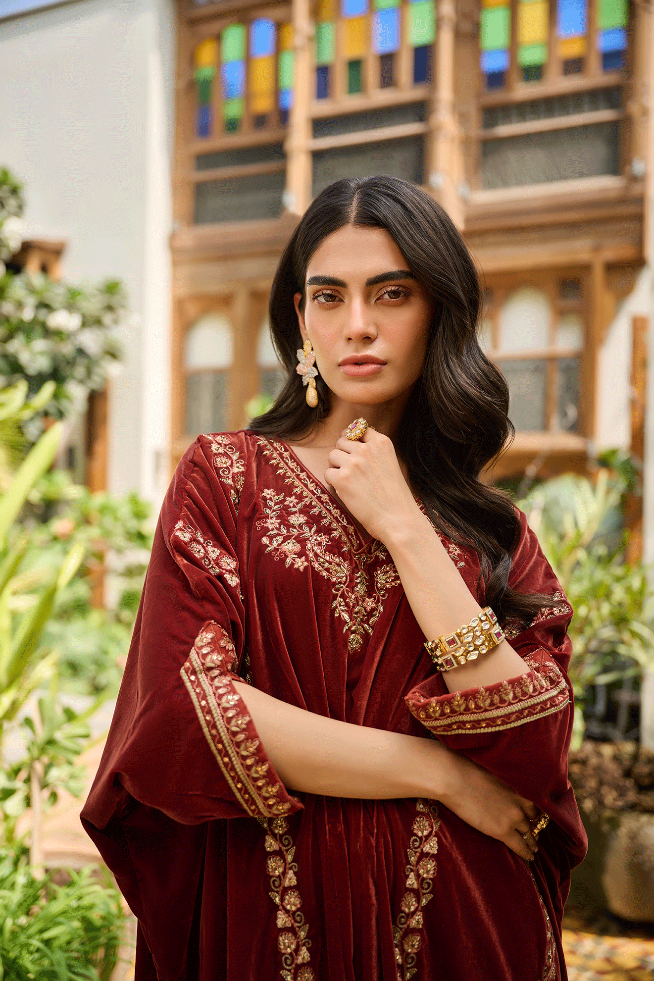 Da-1864 Brown Hand Embellished Kaftan