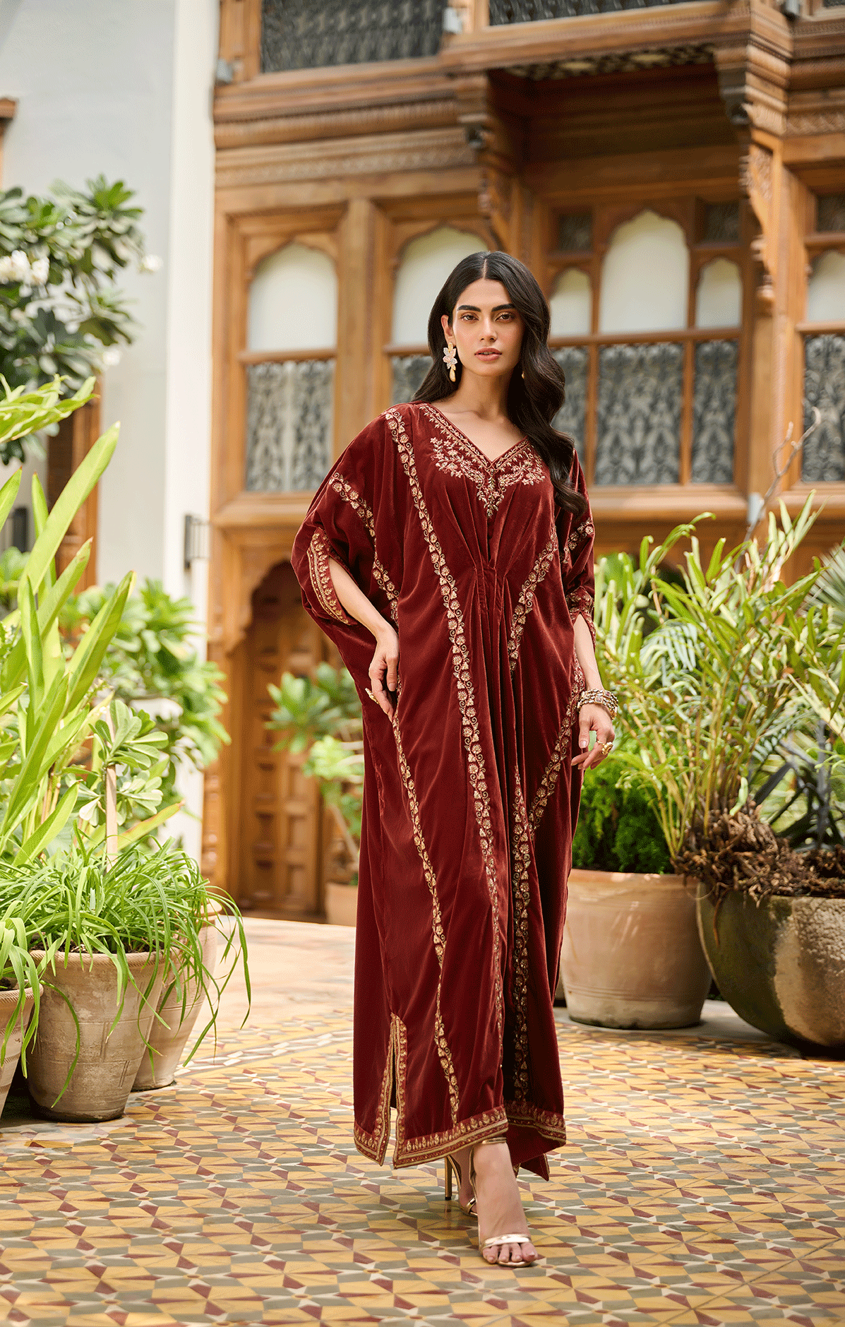 Da-1864 Brown Hand Embellished Kaftan