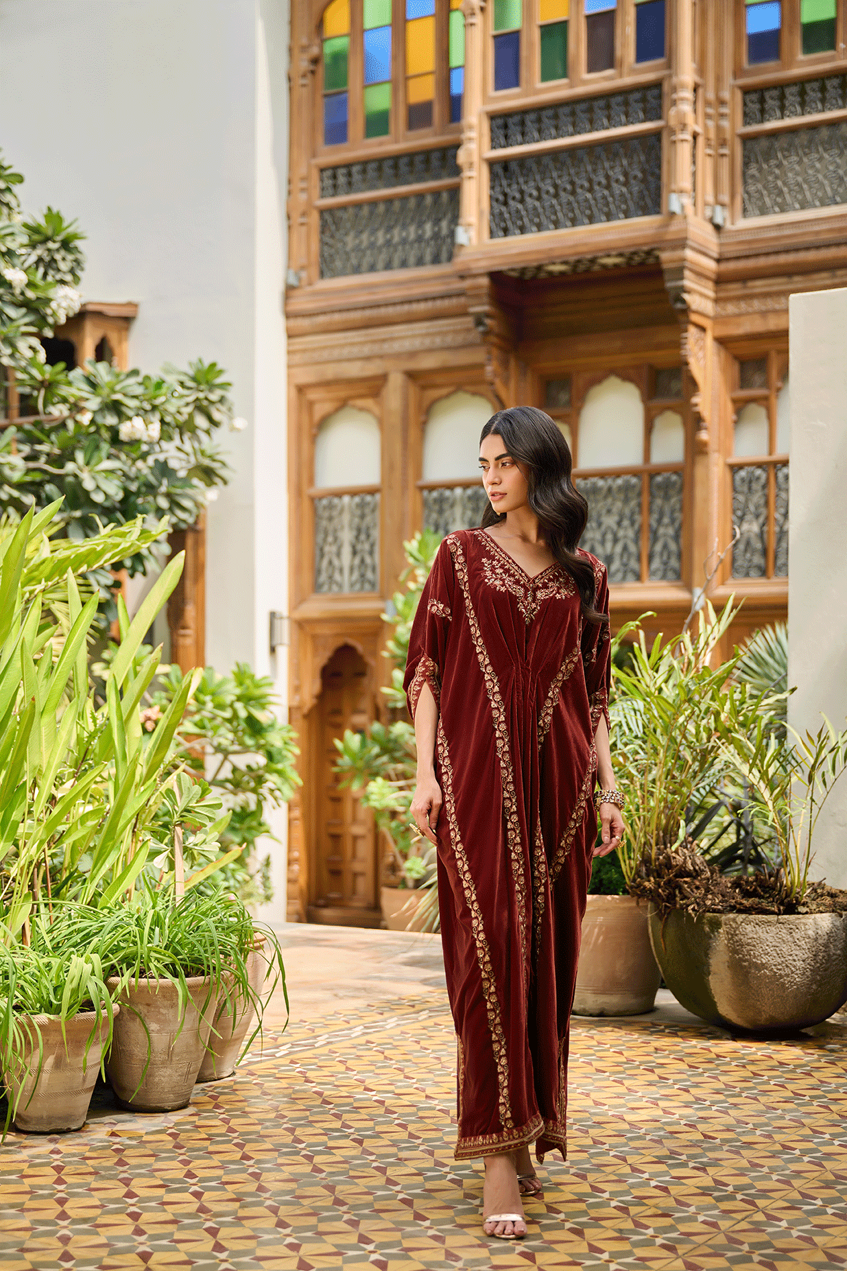 Da-1864 Brown Hand Embellished Kaftan