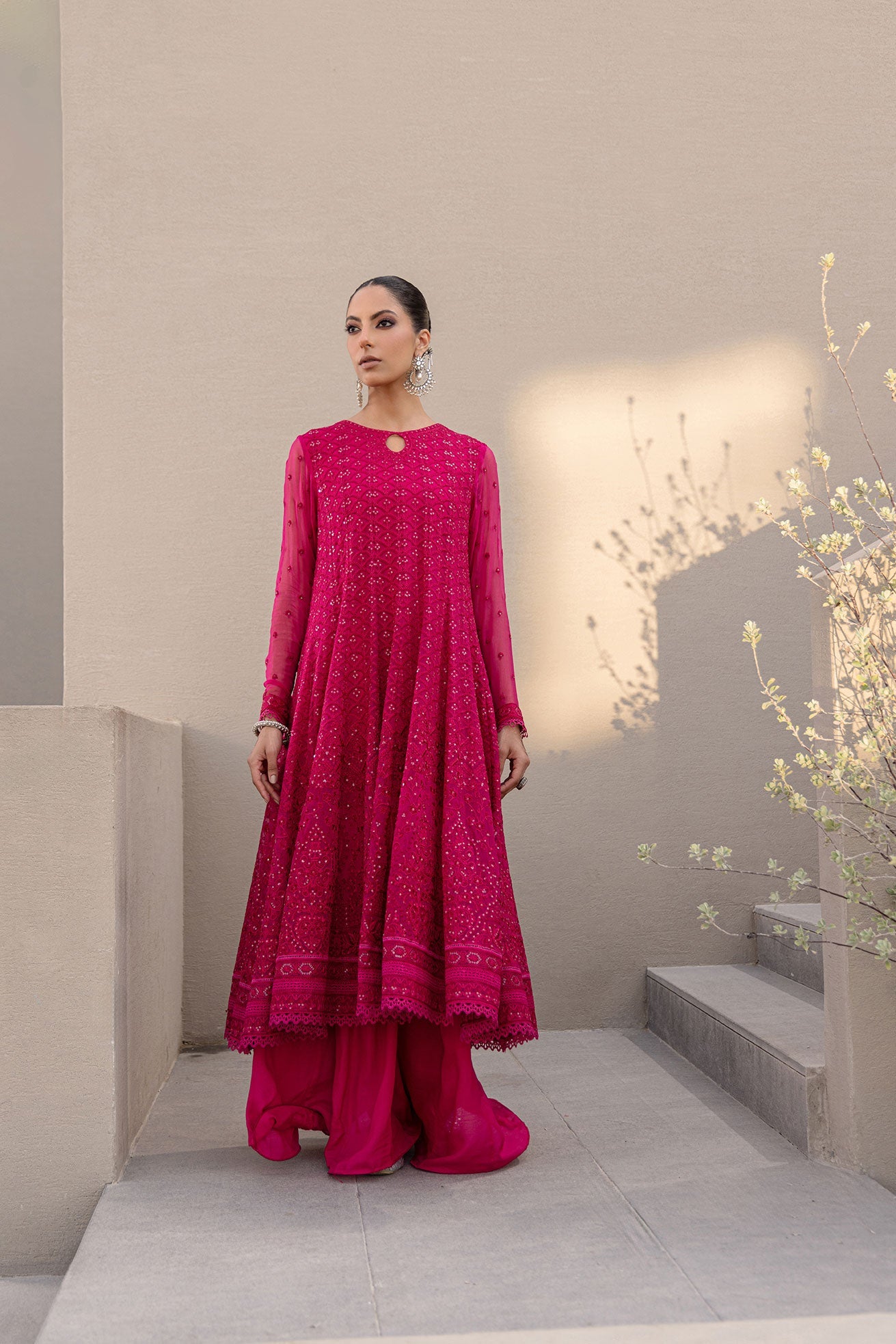 Reyah: Fw24Da-2653 Dark Pink 2Pcs Embroidered Kurta With Trouser