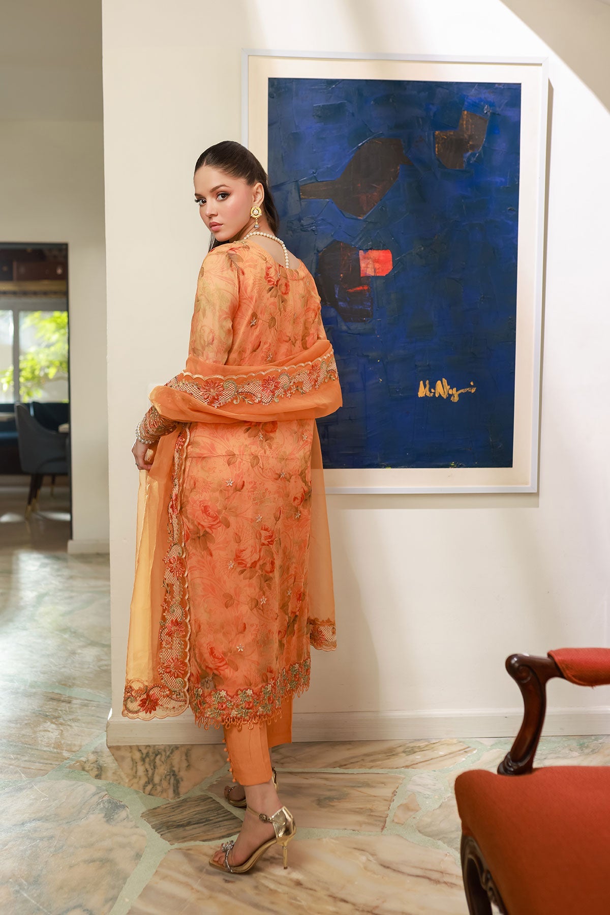 SS25DA-2716 ORANGE 2PCS EMBROIDERED KURTA WITH TROUSER