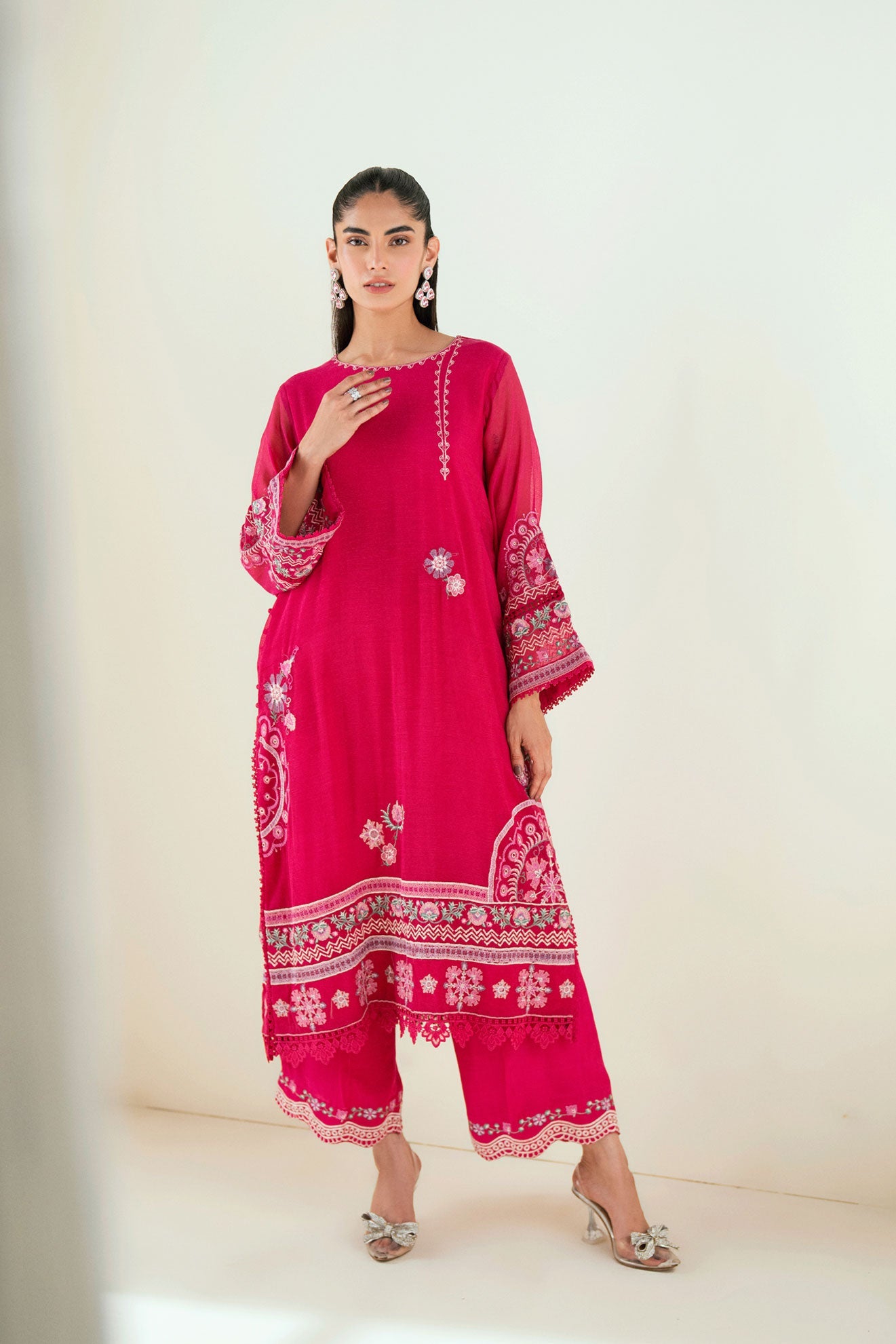 SS25DA-2723 DARK PINK  2PCS EMBROIDERED KURTA WITH TROUSER