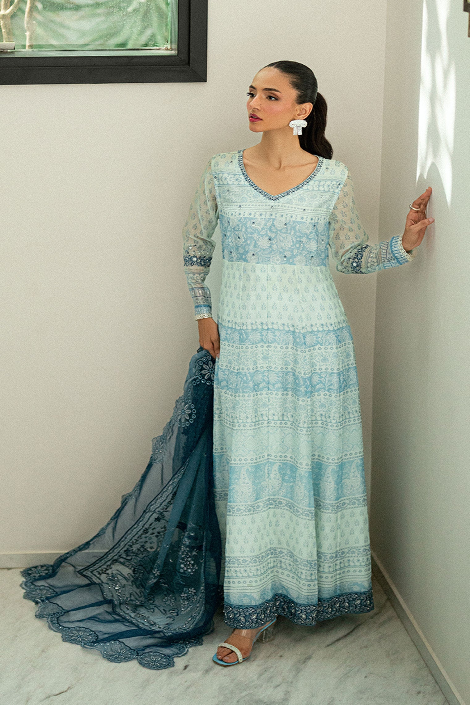 SS25DA-2728 SKY BLUE  2PCS EMBROIDERED PISHWAS WITH TROUSER