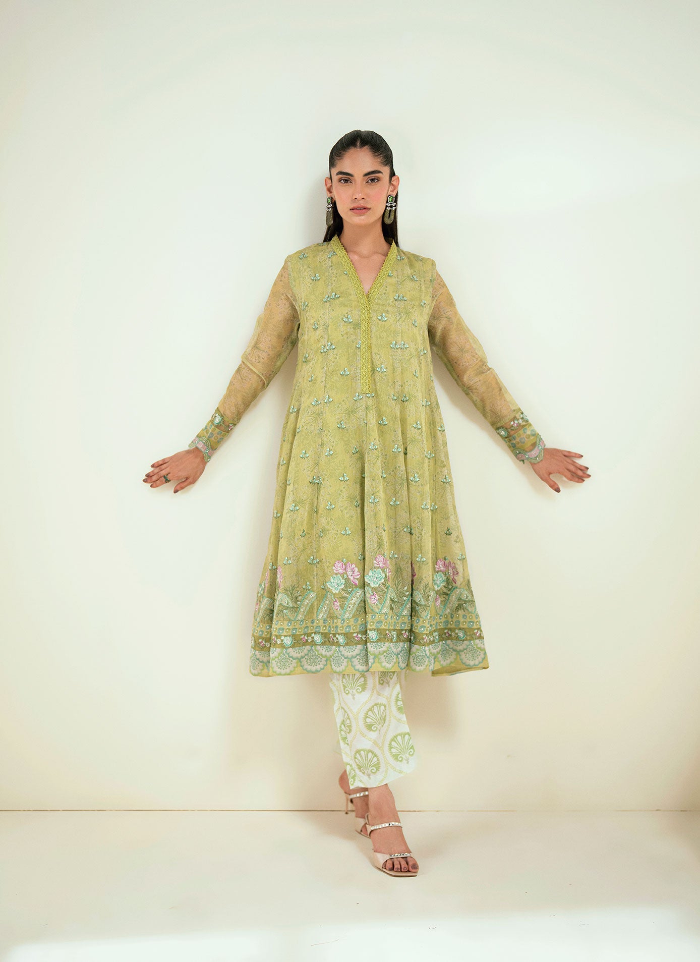 SS25DA-2729   L-GREEN  2PCS  EMBROIDERED KURTA WITH TROUSER