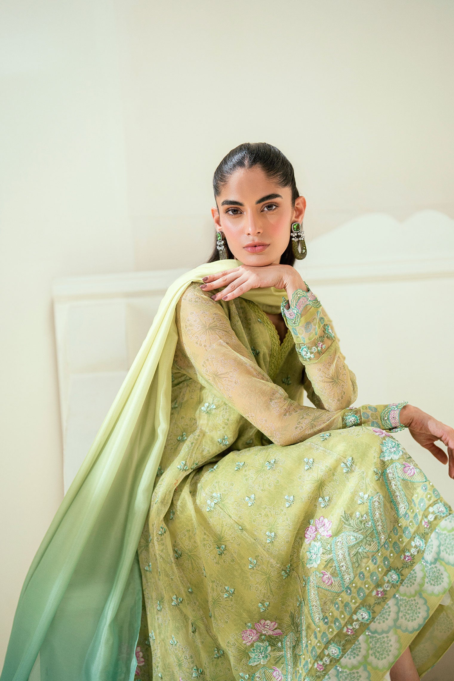 SS25DA-2729   L-GREEN  2PCS  EMBROIDERED KURTA WITH TROUSER