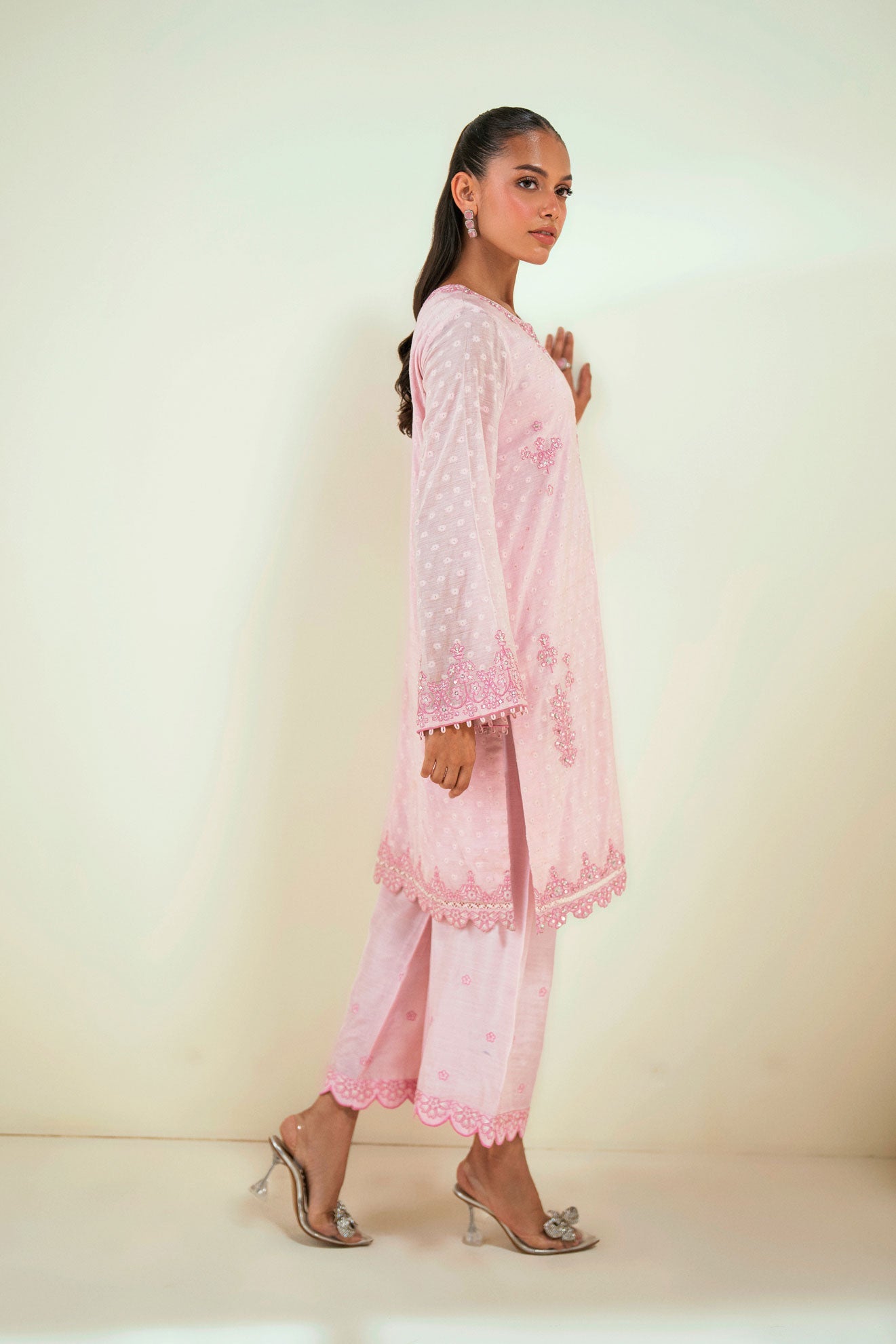 SS25DA-2730 PINK  2PCS EMBROIDERED KURTA WITH TROUSER