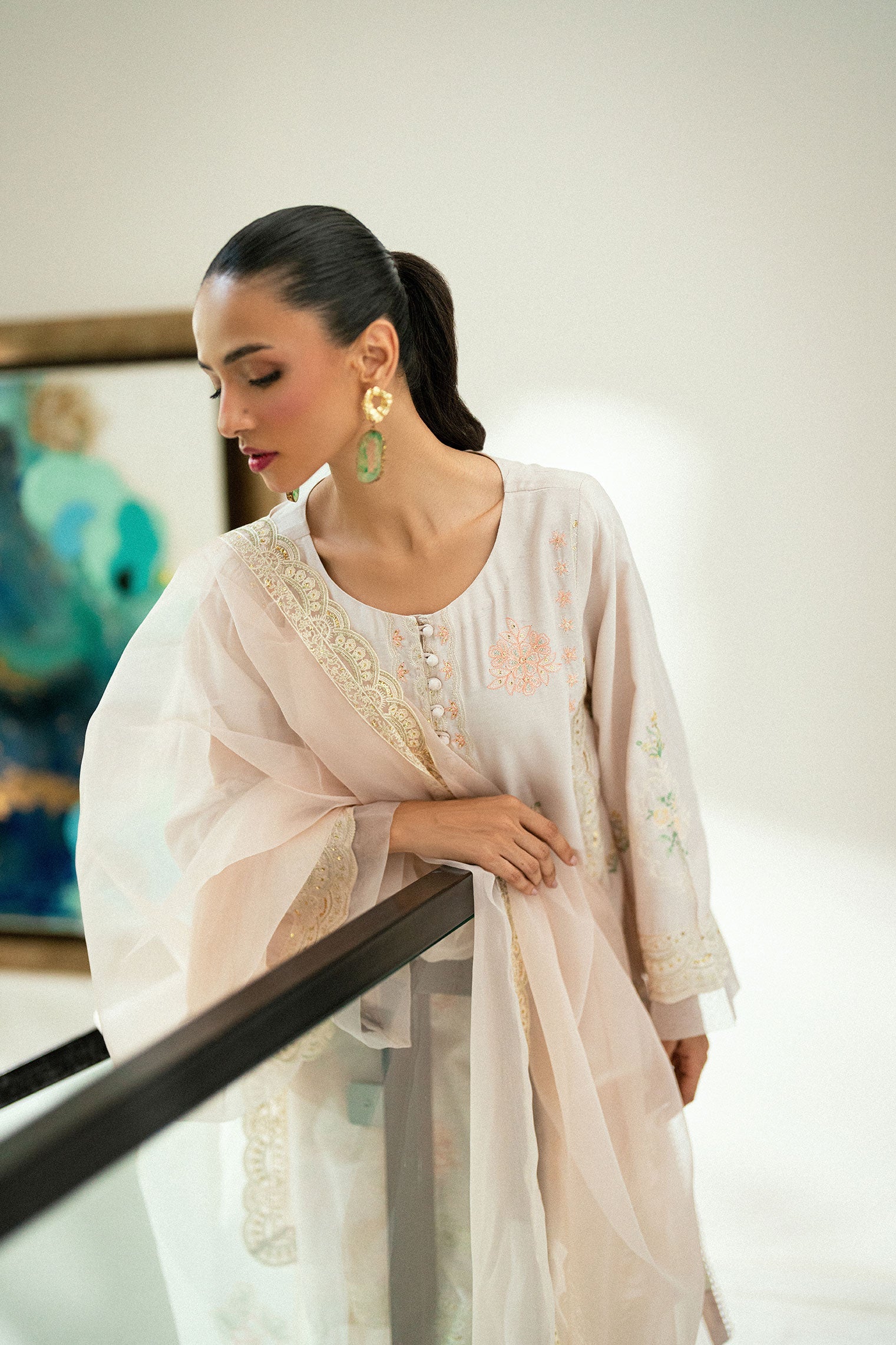 SS25DA-2735 T-PINK  2PCS EMBROIDERED KURTA WITH TROUSER
