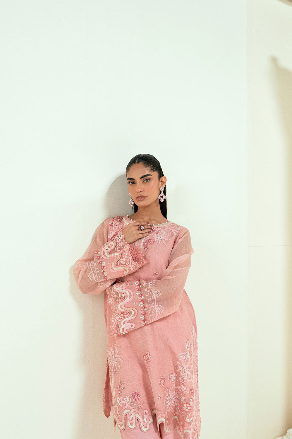 SS25DA-2737 PINK  2PCS EMBROIDERED KURTA WITH TROUSER