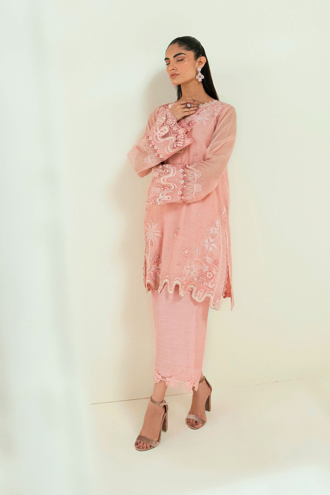 SS25DA-2737 PINK  2PCS EMBROIDERED KURTA WITH TROUSER