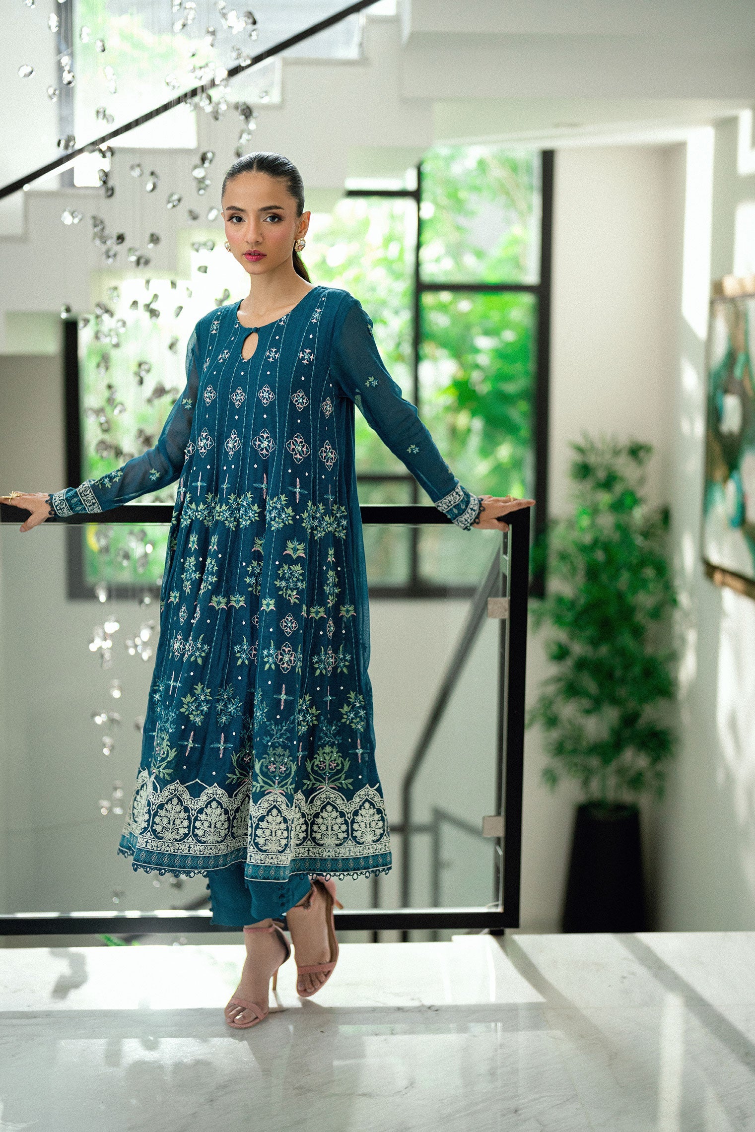SS25DA-2742 TURQUOISE BLUE  2PCS EMBROIDERED PISHWAS WITH TROUSER