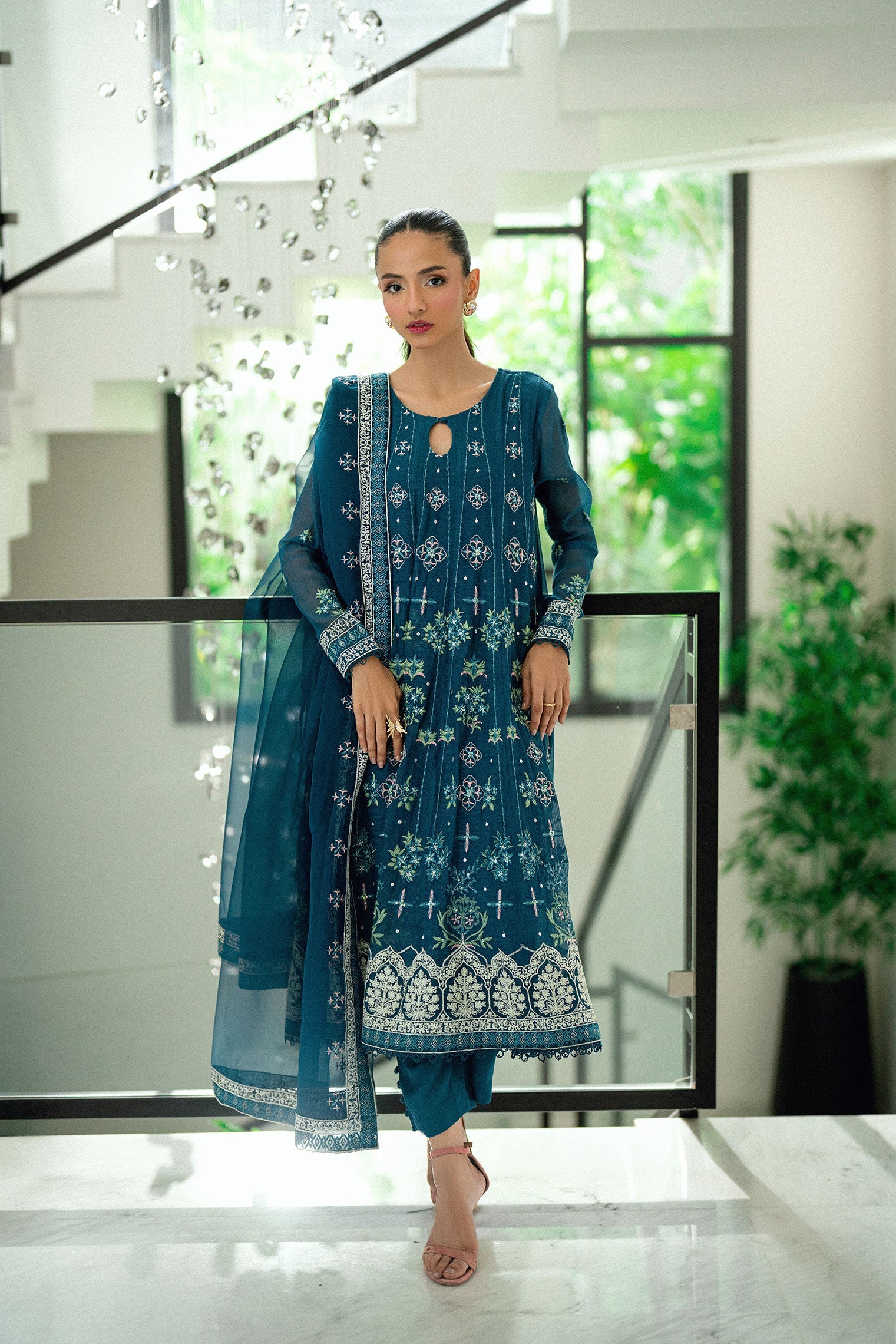 SS25DA-2742 TURQUOISE BLUE  2PCS EMBROIDERED PISHWAS WITH TROUSER