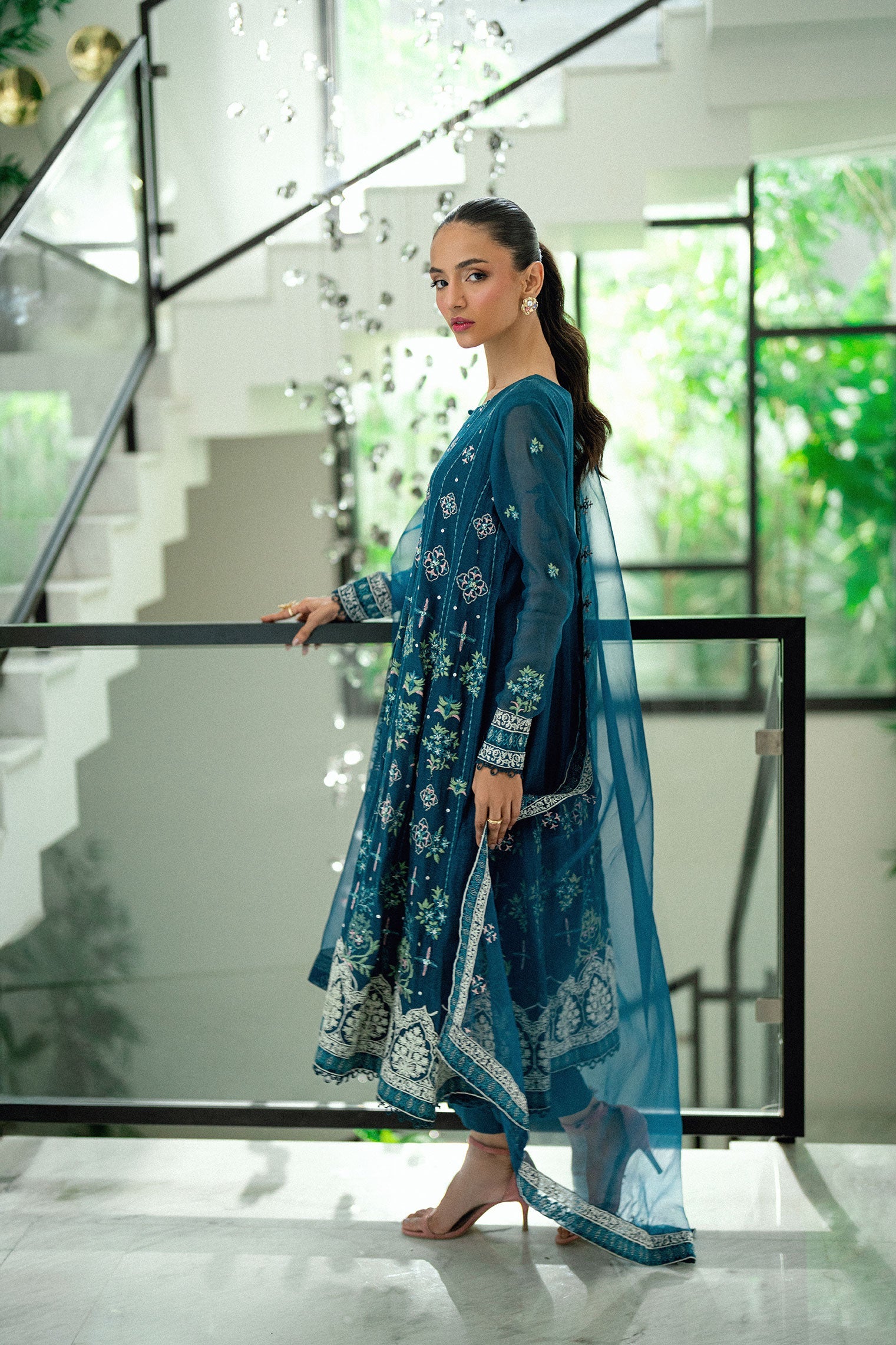 SS25DA-2742 TURQUOISE BLUE  2PCS EMBROIDERED PISHWAS WITH TROUSER