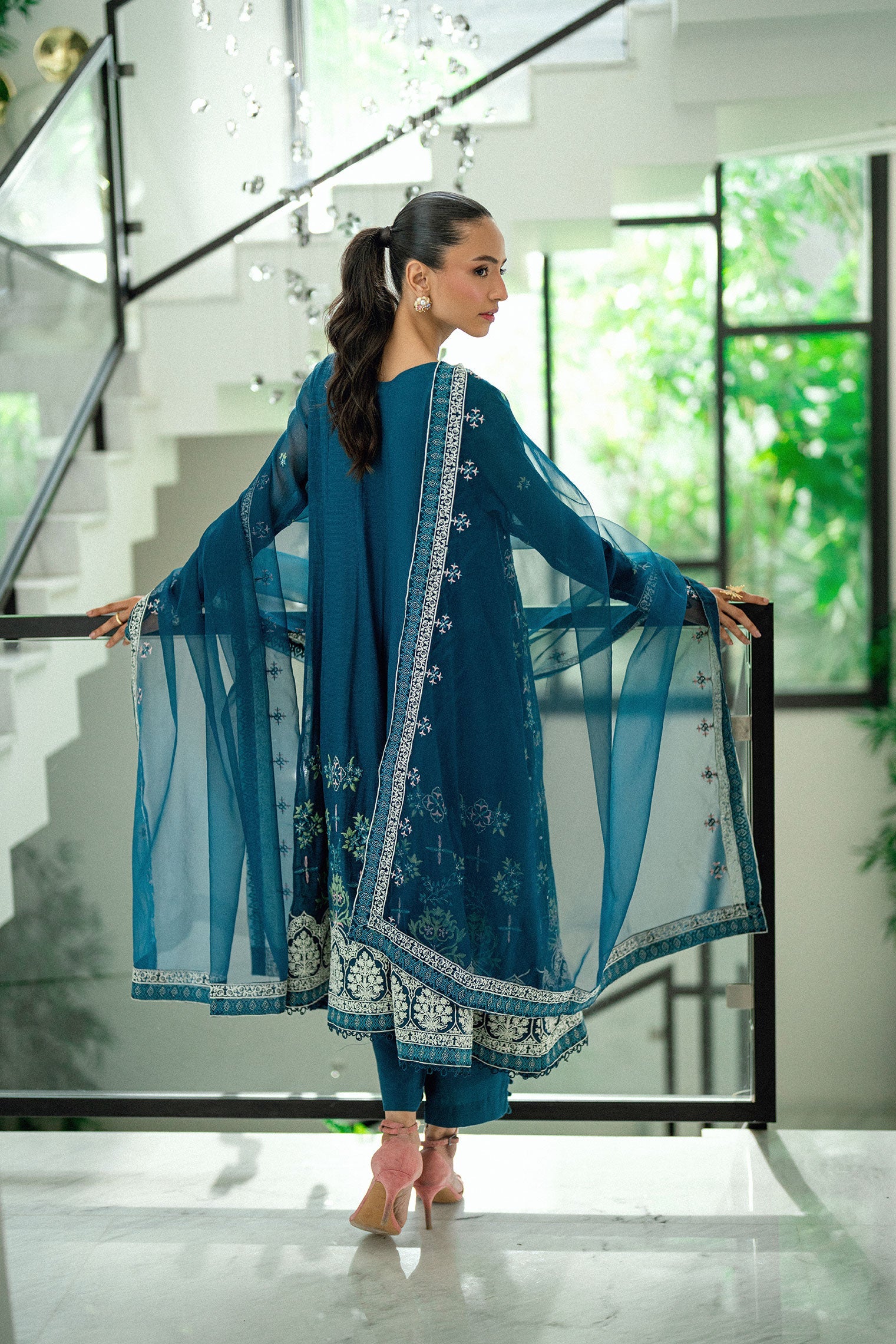 SS25DA-2742 TURQUOISE BLUE  2PCS EMBROIDERED PISHWAS WITH TROUSER