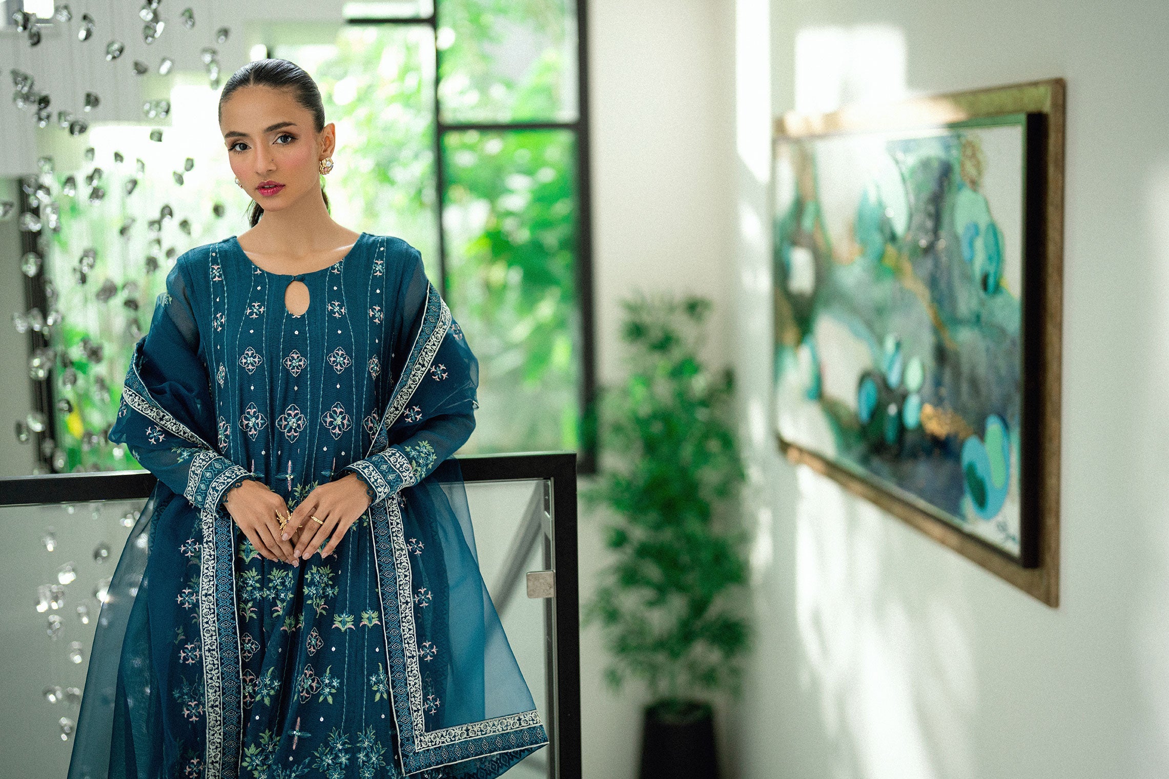 SS25DA-2742 TURQUOISE BLUE  2PCS EMBROIDERED PISHWAS WITH TROUSER