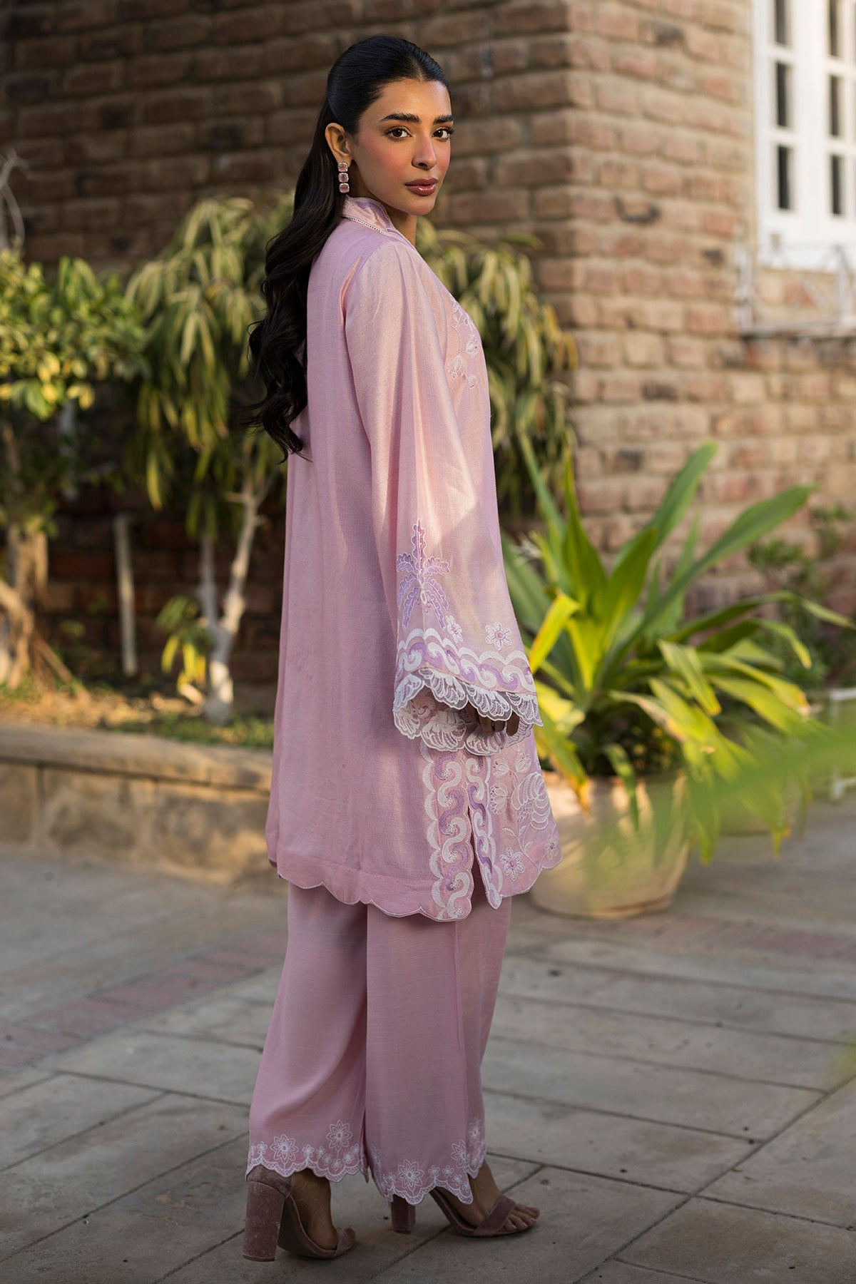 SS25DA-2765   PINK  2PCS  EMBROIDERED KURTA WITH TROUSER