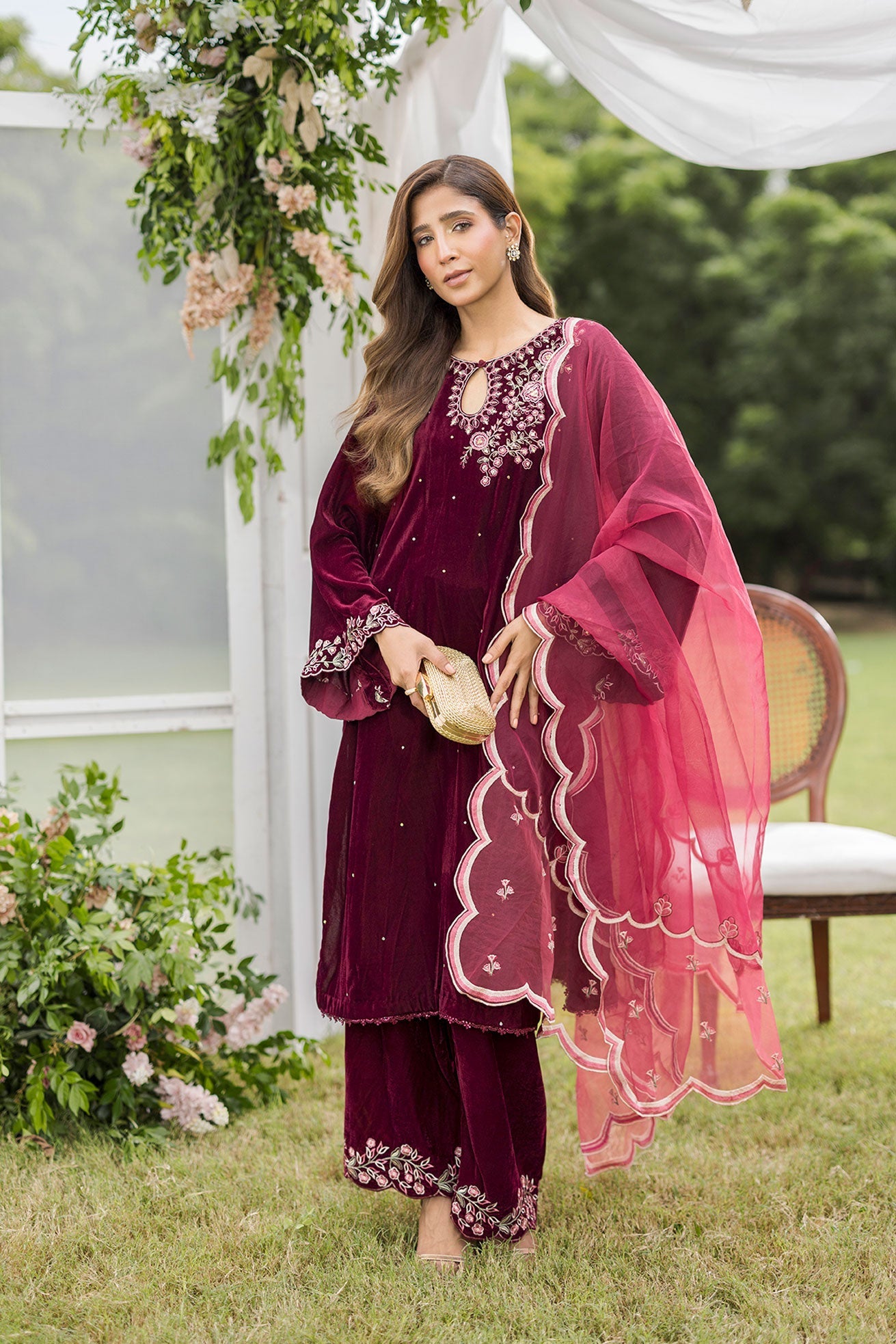 FW25DD-2816  MAROON  EMBROIDERED  DUPATTA