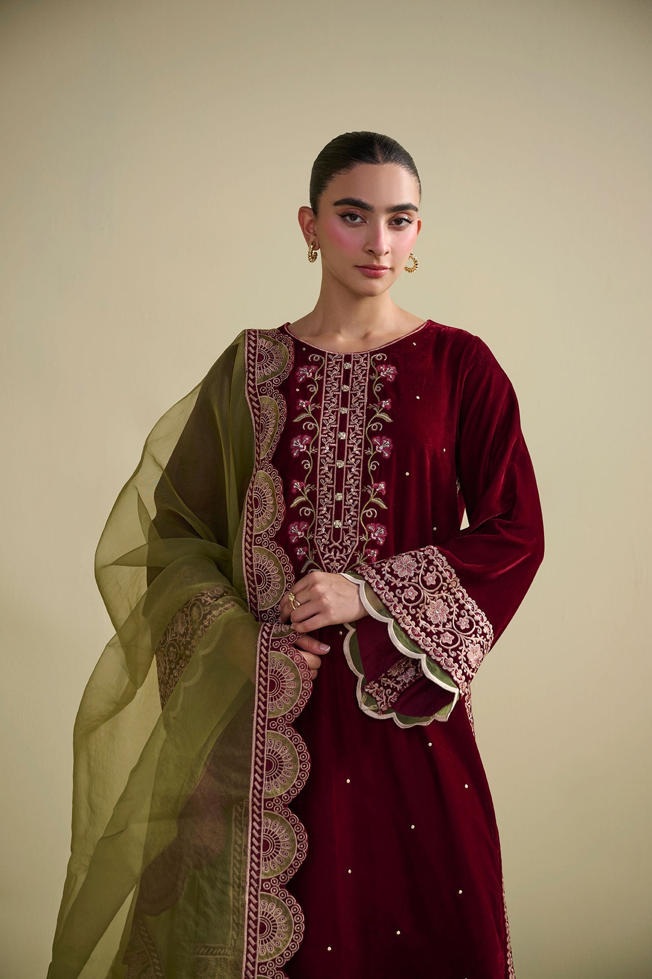FW25DD-2824  OLIVE GREEN  EMBROIDERED  DUPATTA
