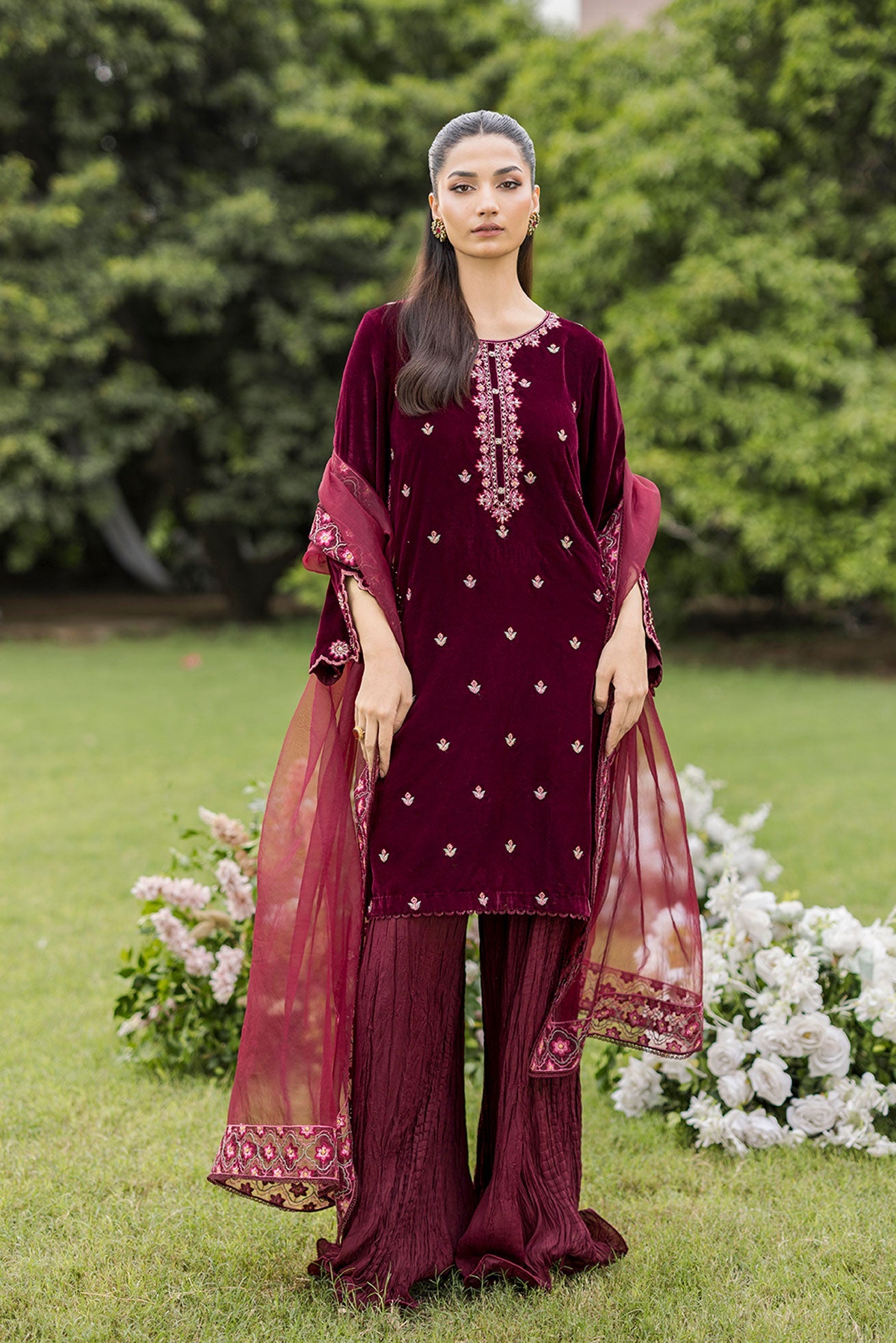 FW25DD-2826  MAROON  EMBROIDERED  DUPATTA