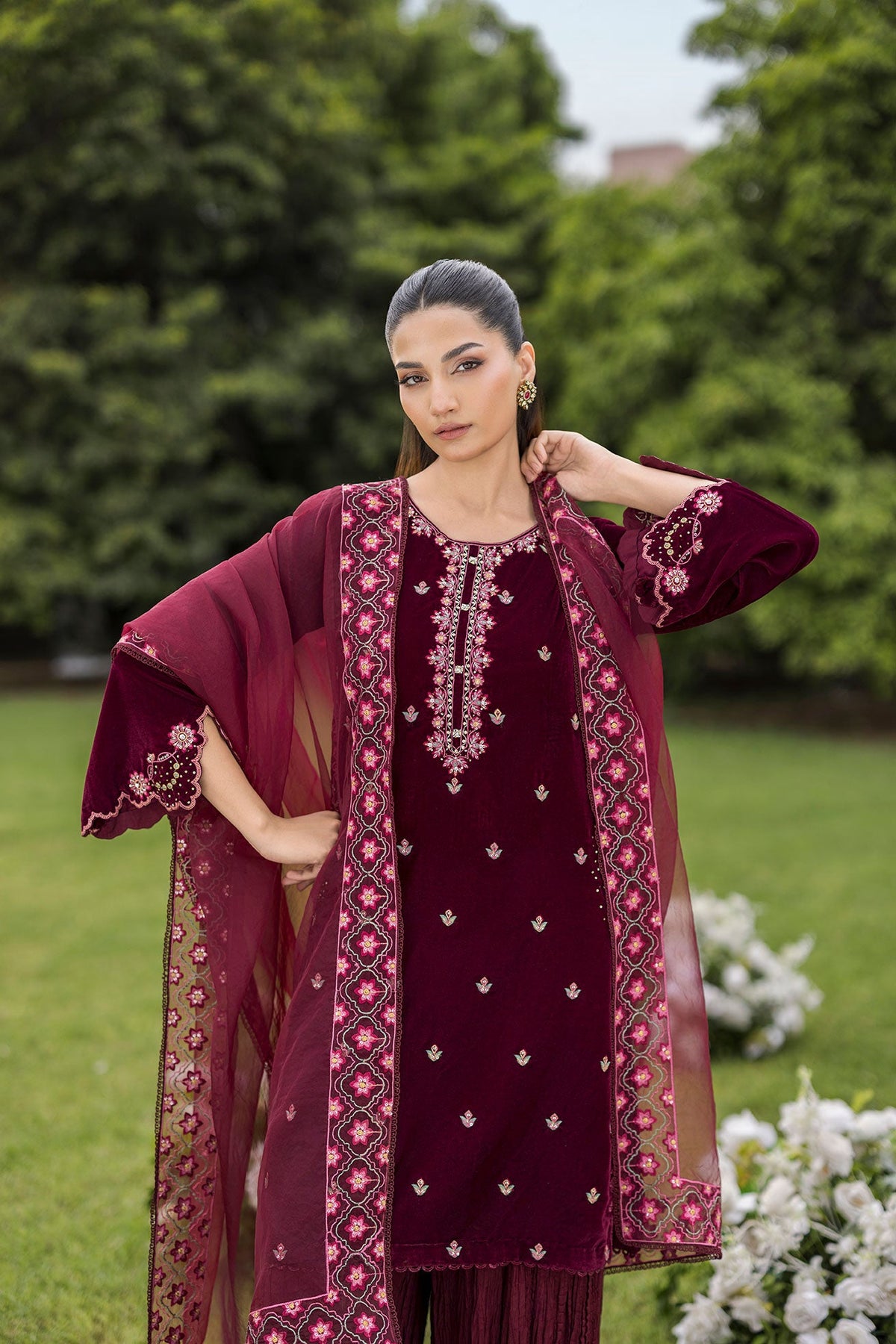 FW25DD-2826  MAROON  EMBROIDERED  DUPATTA