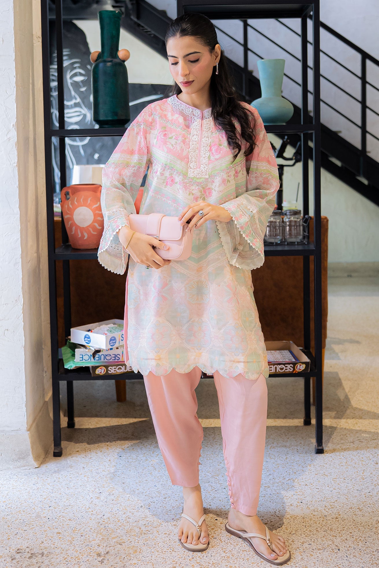 FW25DA-2857 L-PINK 2PCS  EMBROIDERED KURTA WITH TROUSER