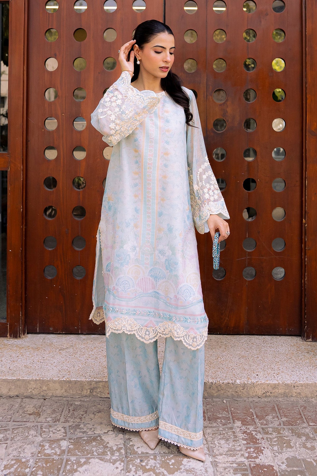 FW25DA-2858 SKY BLUE 2PCS  EMBROIDERED KURTA WITH TROUSER
